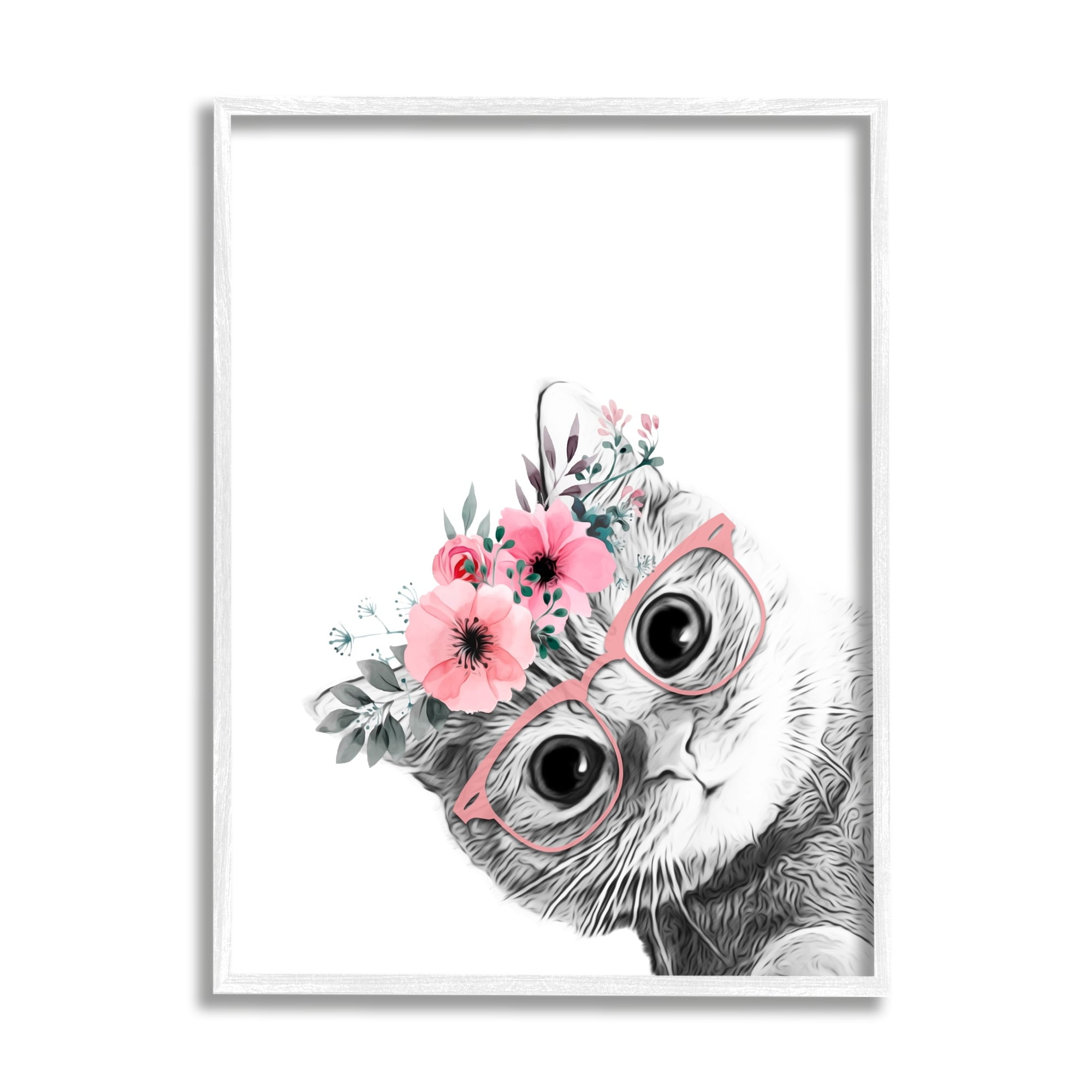 Stupell Industries Pink Flower Crown Cat Glasses Monochrome Simple Design, 24 x 30, Design by Annalisa Latella