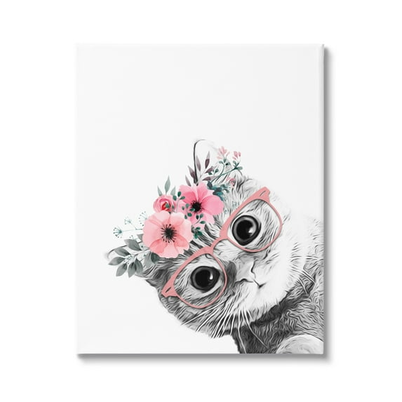 Stupell Industries Pink Flower Crown Cat Glasses Monochrome Simple Design Kids Painting Gallery-Wrapped Canvas Print Wall Art, 16 x 20, Design by Annalisa Latella
