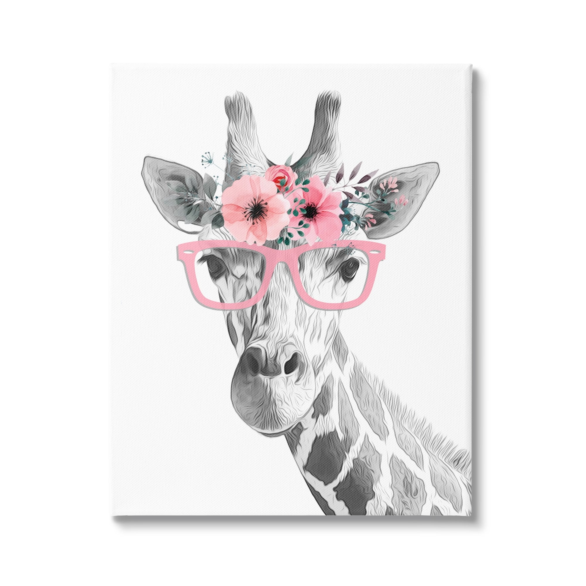 Stupell Industries Pink Flower Crown Monochrome Giraffe Wearing Glasses Kids Painting Gallery-Wrapped Canvas Print Wall Art, 16 x 20, Design by Annalisa Latella