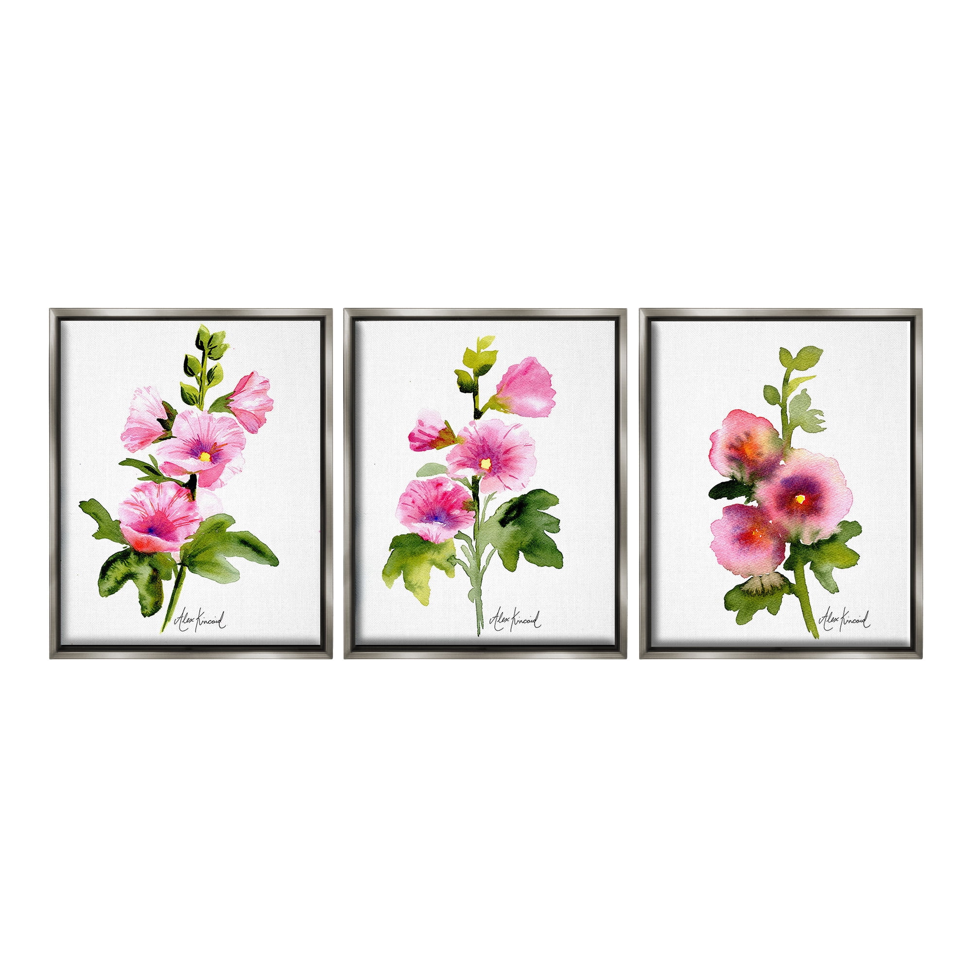 Stupell Industries Pink Flower Watercolors Botanical & Floral Painting Gray Floater Framed Canvas Art Print Wall Art, 25 x 31, Set of 3