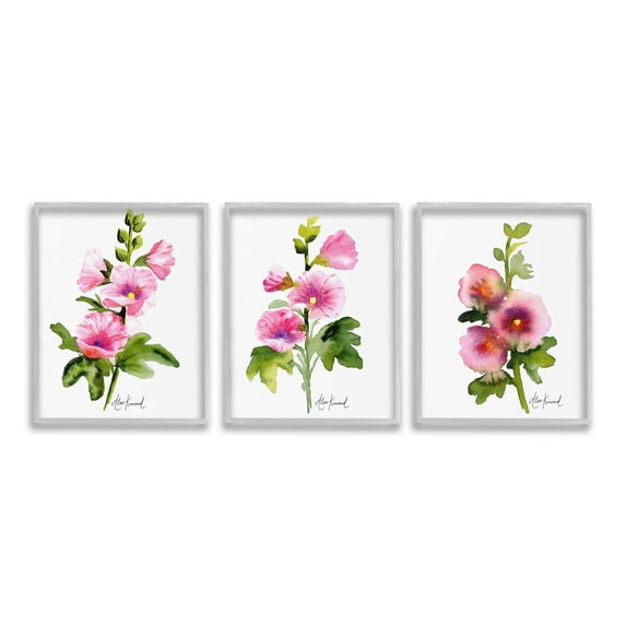 Stupell Industries Pink Flower Watercolors Botanical & Floral Painting Gray Framed Art Print Wall Art, 16 x 20, Set of 3