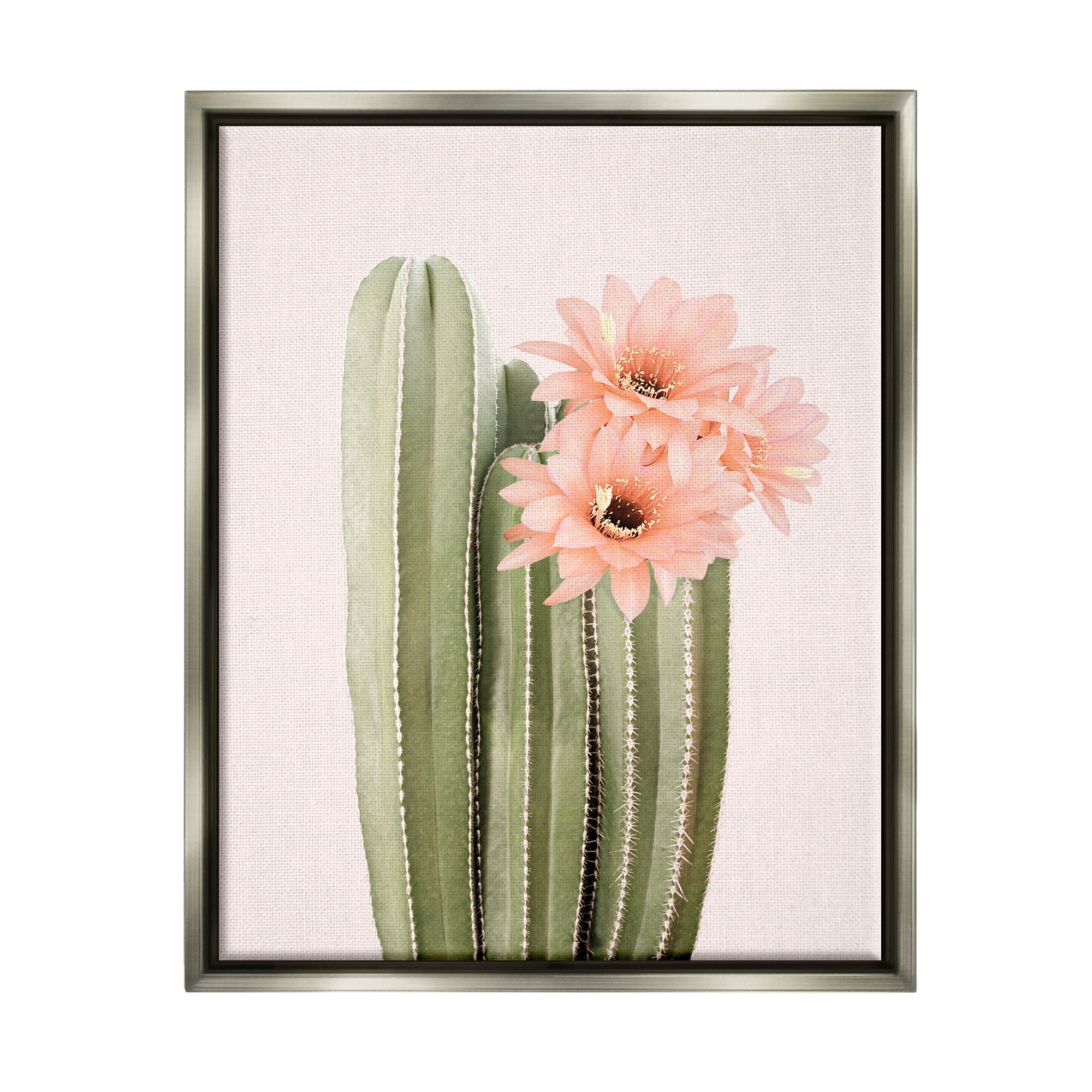 Stupell Industries Pink Flower on Cactus Botanical & Floral Painting Gray Floater Framed Art Print Wall Art, 17 x 21