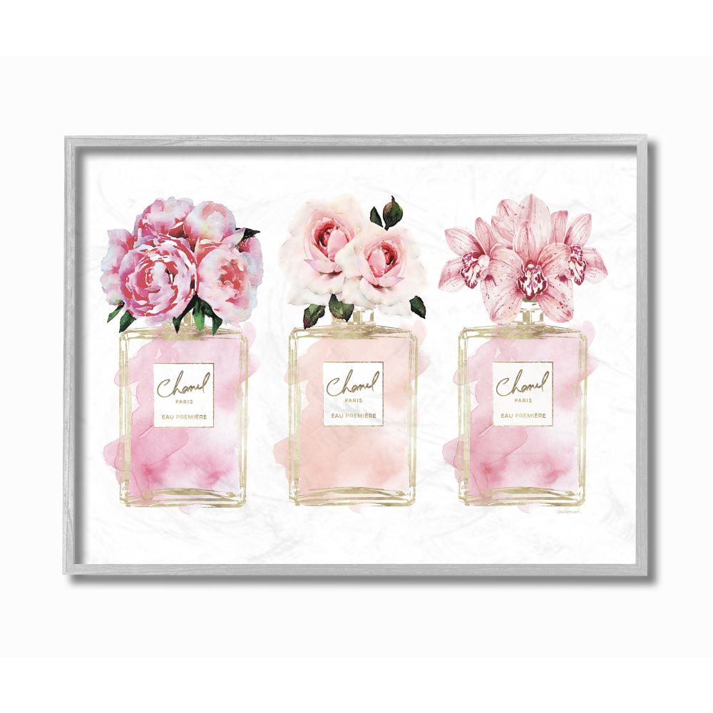 Pink Floral Perfume Bottles Canvas Wall Art in Gray Frame