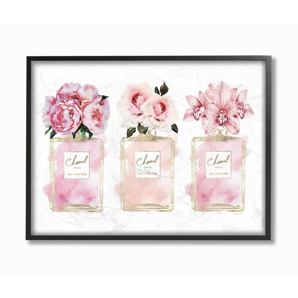 Pink Floral Perfume Bottles Watercolor Print in Black Frame