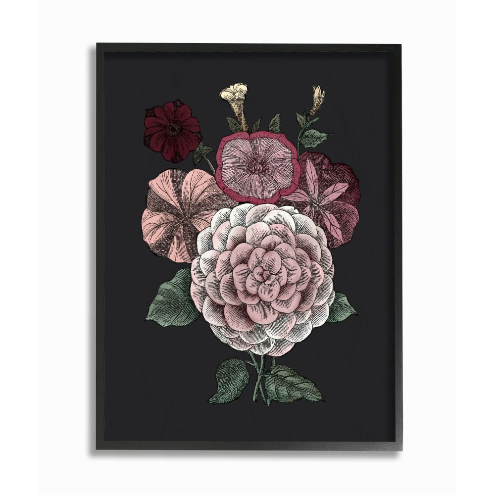 Stupell Industries Pink Flowers On Black Drawing Design Black Framed Art Print Wall Art, 16x20, by The Saturday Evening Post