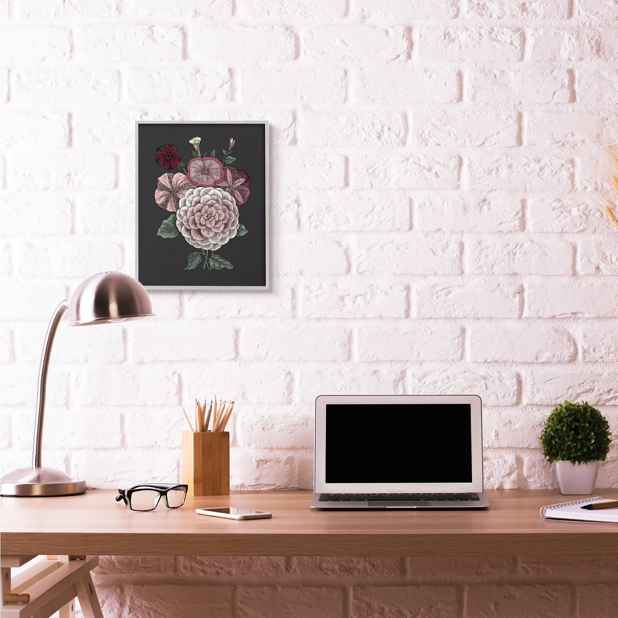 Stupell Industries Pink Flowers On Black Drawing Design Gray Framed Art Print Wall Art, 16x20, by The Saturday Evening Post