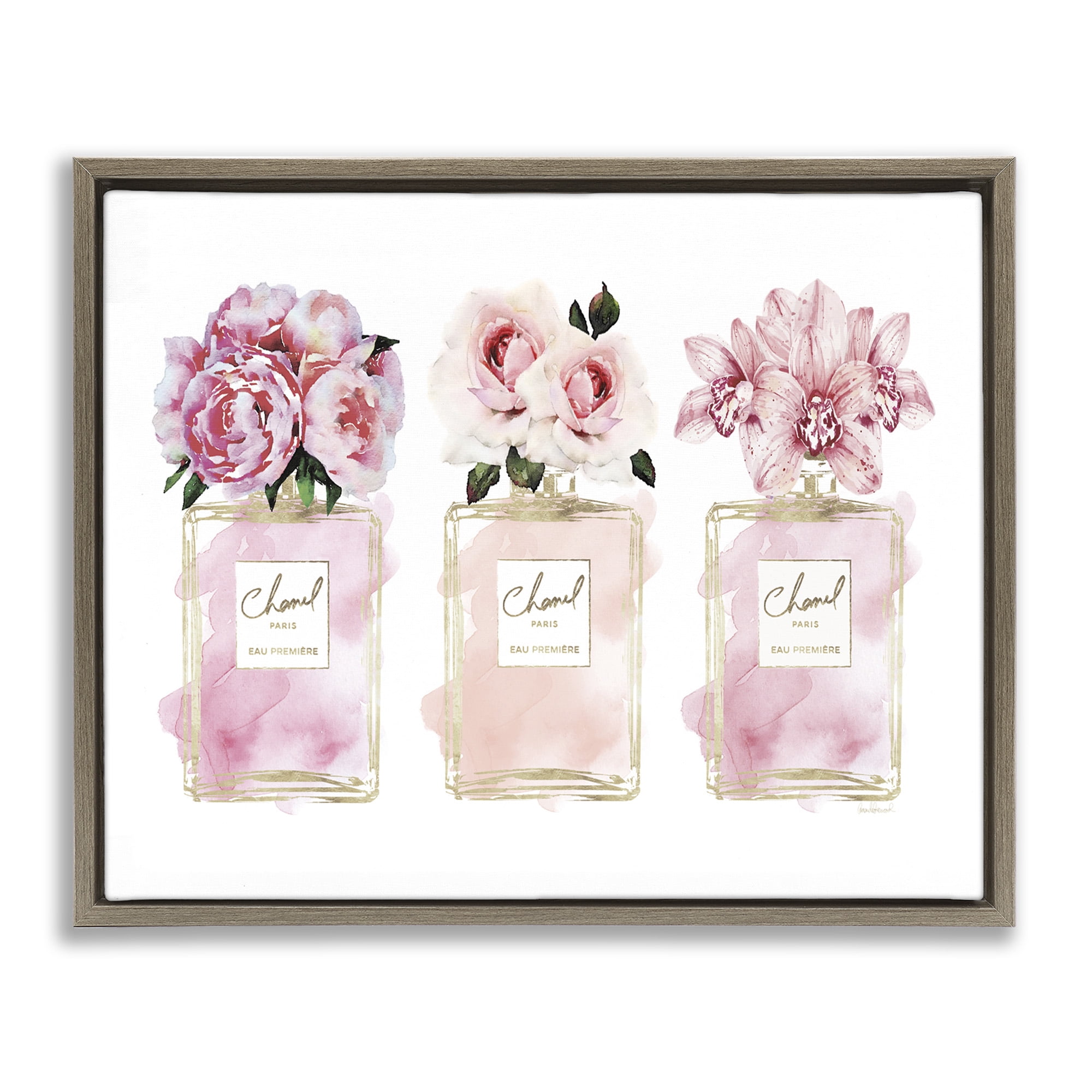 Stupell Industries Pink Flowers & Perfumes Glam Fashion Beauty & Fashion Painting Brown Floater Framed Canvas Art Print Wall Art, 21 x 17