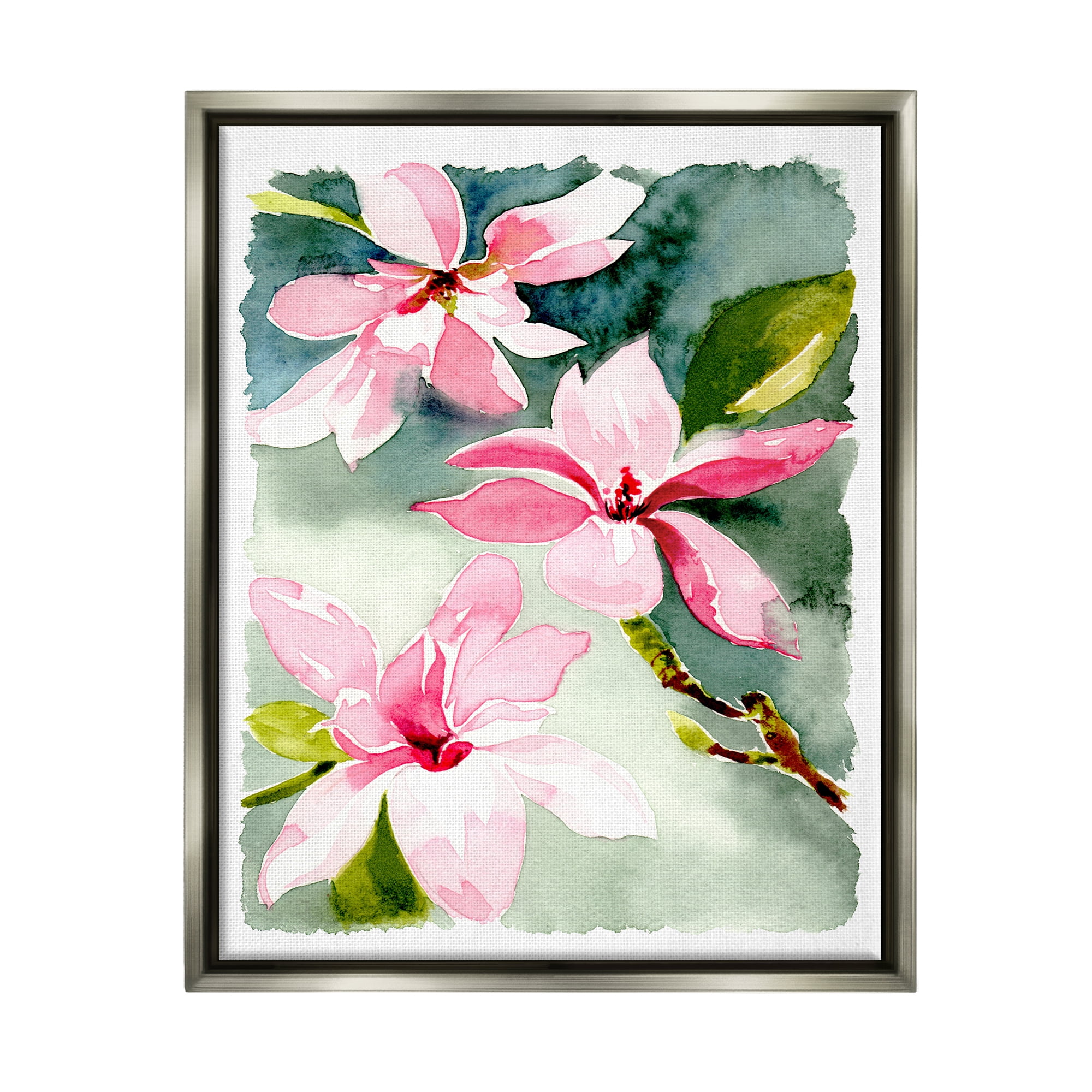 Stupell Industries Pink Flowers Watercolor Botanical & Floral Painting Gray Floater Framed Art Print Wall Art, 17 x 21