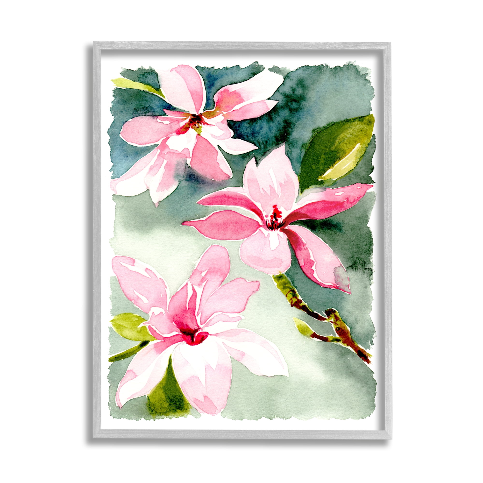 Stupell Industries Pink Flowers Watercolor Botanical & Floral Painting Gray Framed Art Print Wall Art, 11 x 14