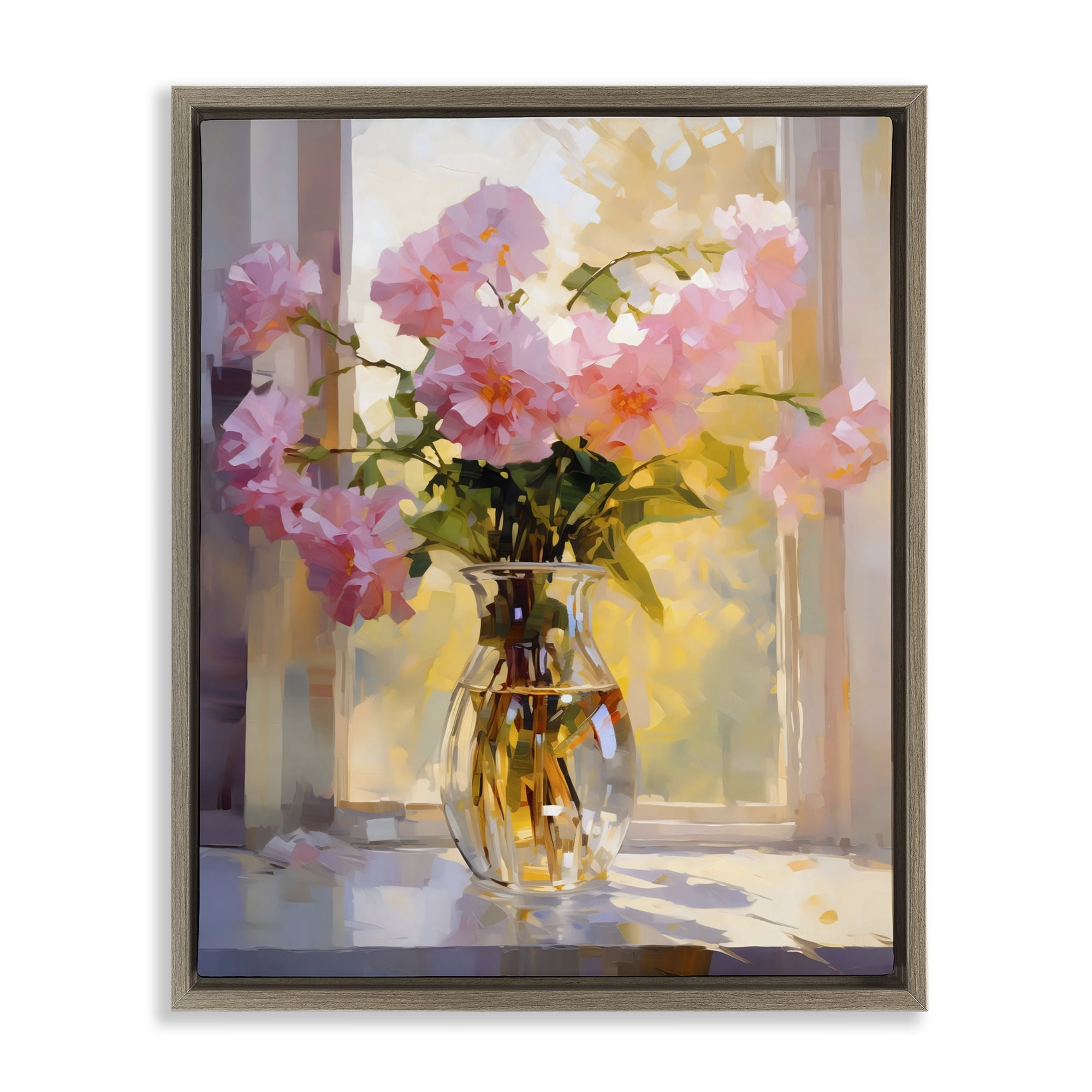 Stupell Industries Pink Flowers in Sunlit Vase Brown Framed Floater Canvas Wall Art, design by Creative Studio