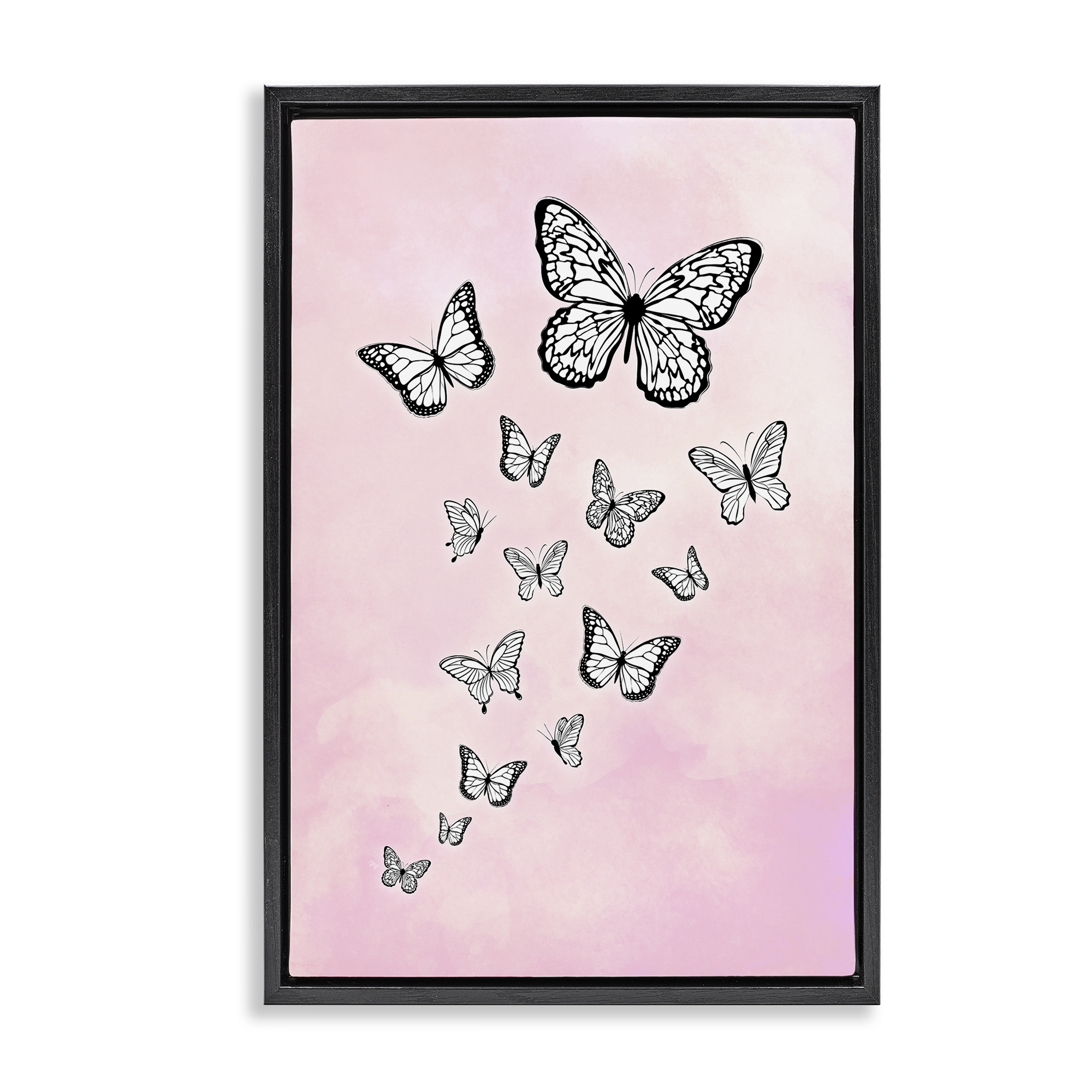 Stupell Industries Pink Fluttering Butterflies Animals Painting Black Floater Framed Canvas Art Print Wall Art, 17 x 25