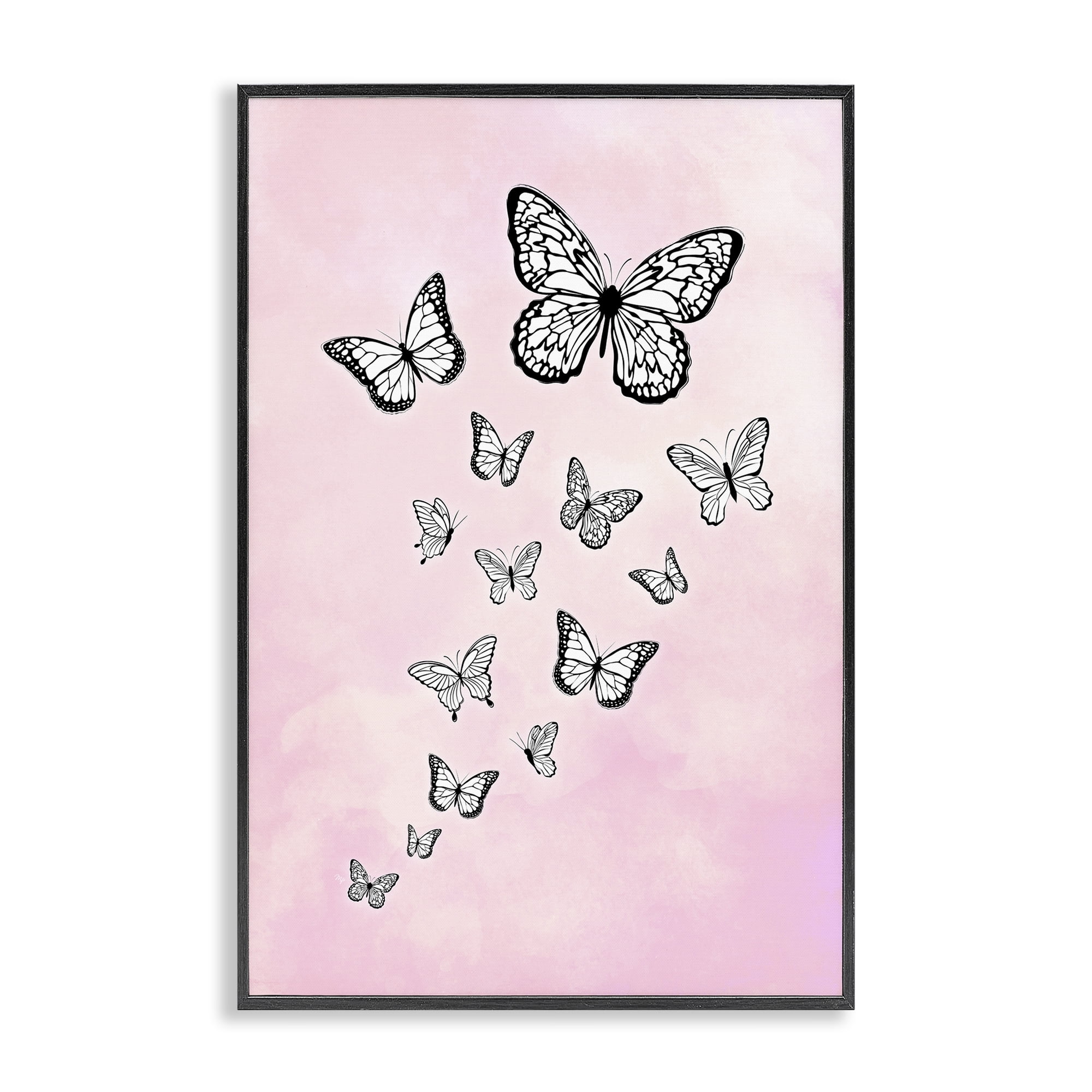 Stupell Industries Pink Fluttering Butterflies Animals Painting Black Framed Art Print Wall Art, 12 x 18