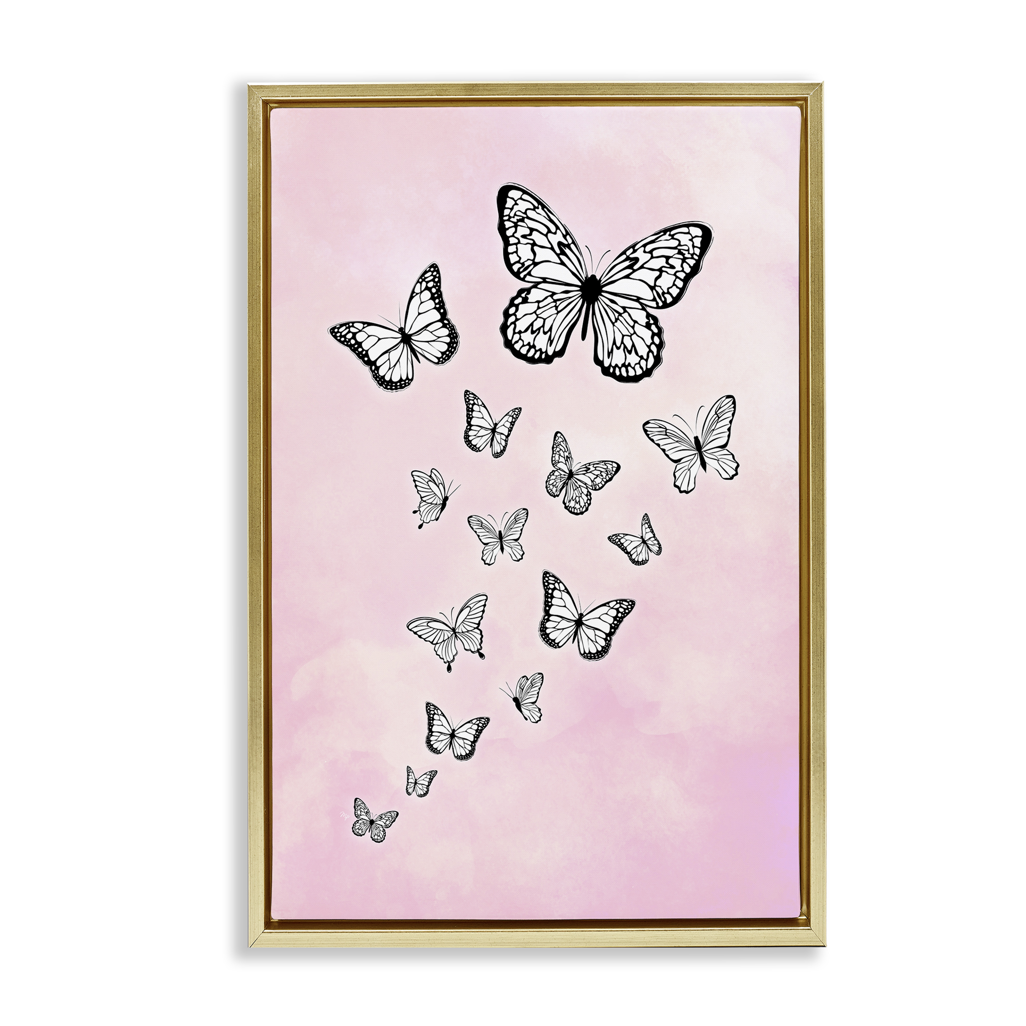 Stupell Industries Pink Fluttering Butterflies Animals Painting Gold Floater Framed Canvas Art Print Wall Art, 17 x 25
