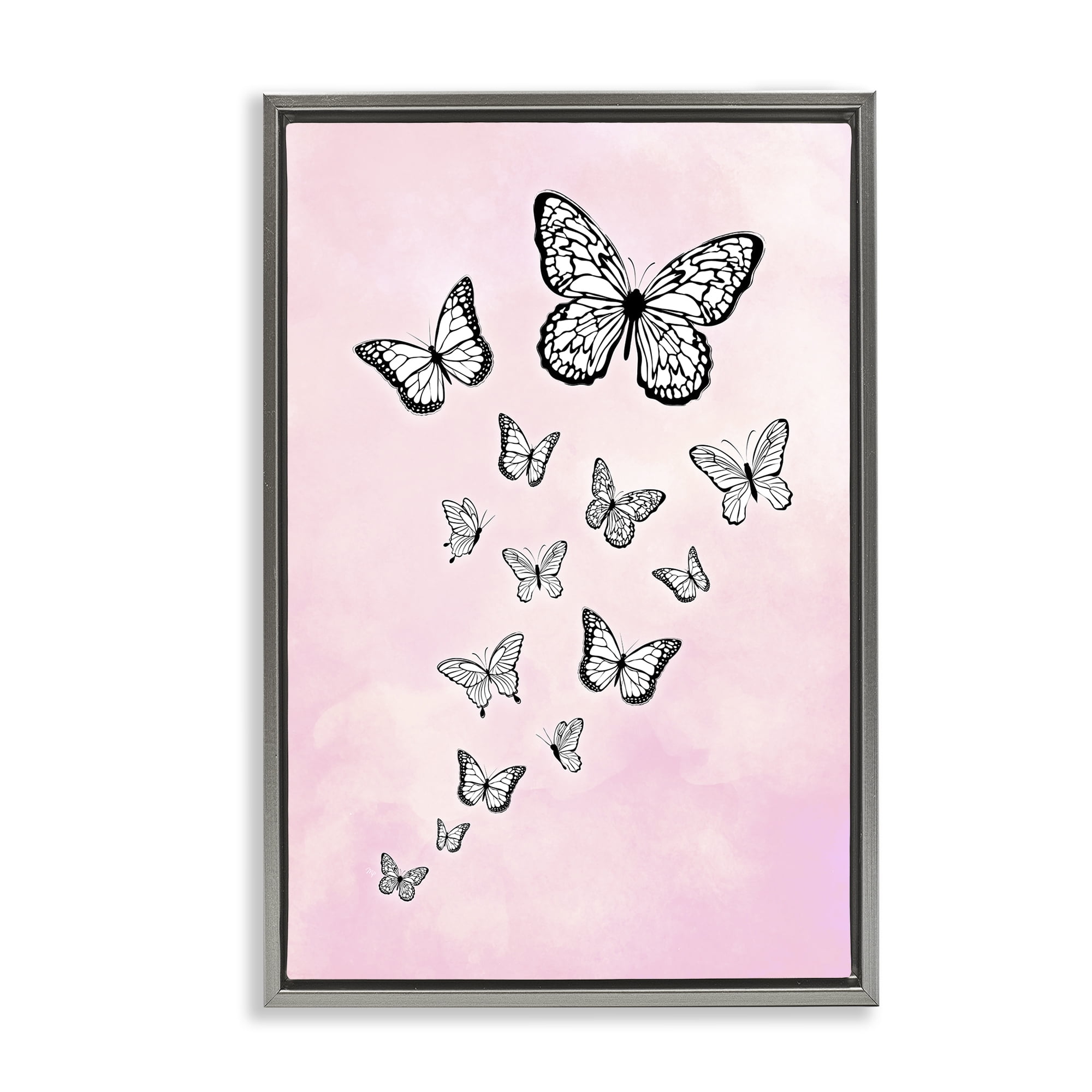 Stupell Industries Pink Fluttering Butterflies Animals Painting Gray Floater Framed Canvas Art Print Wall Art, 17 x 25