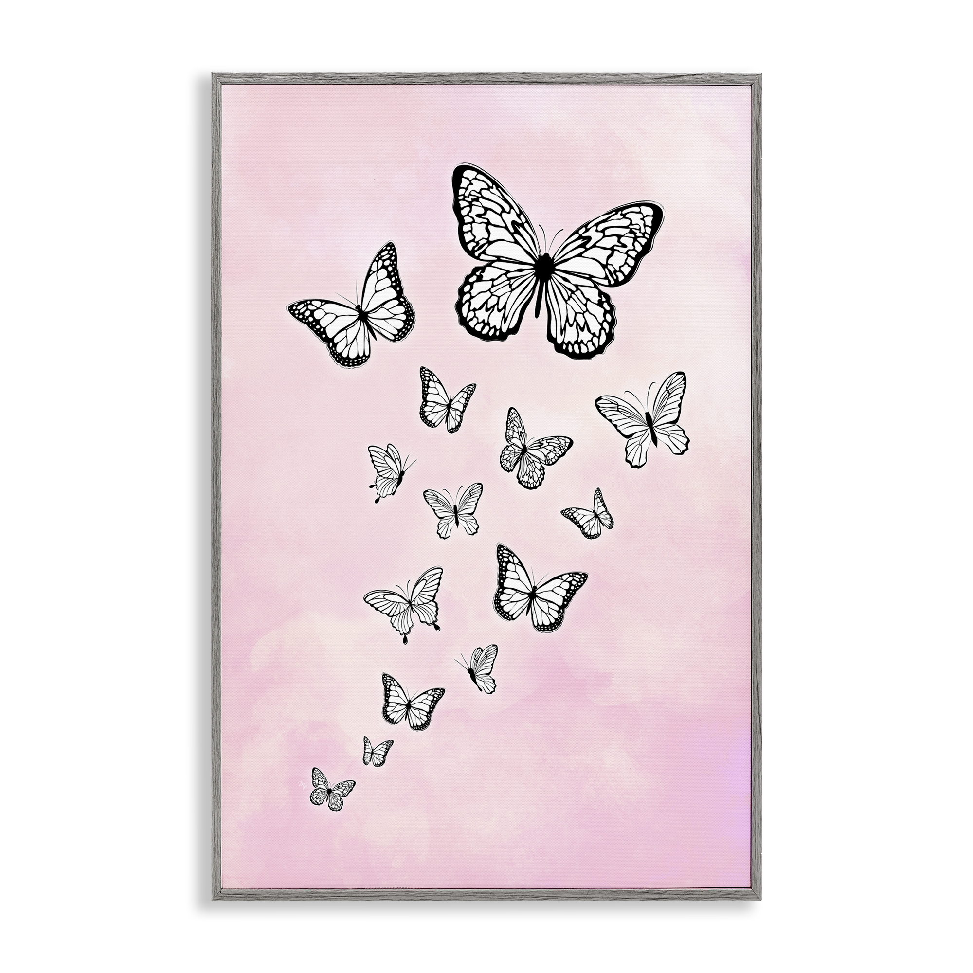 Stupell Industries Pink Fluttering Butterflies Animals Painting Gray Framed Art Print Wall Art, 16 x 24