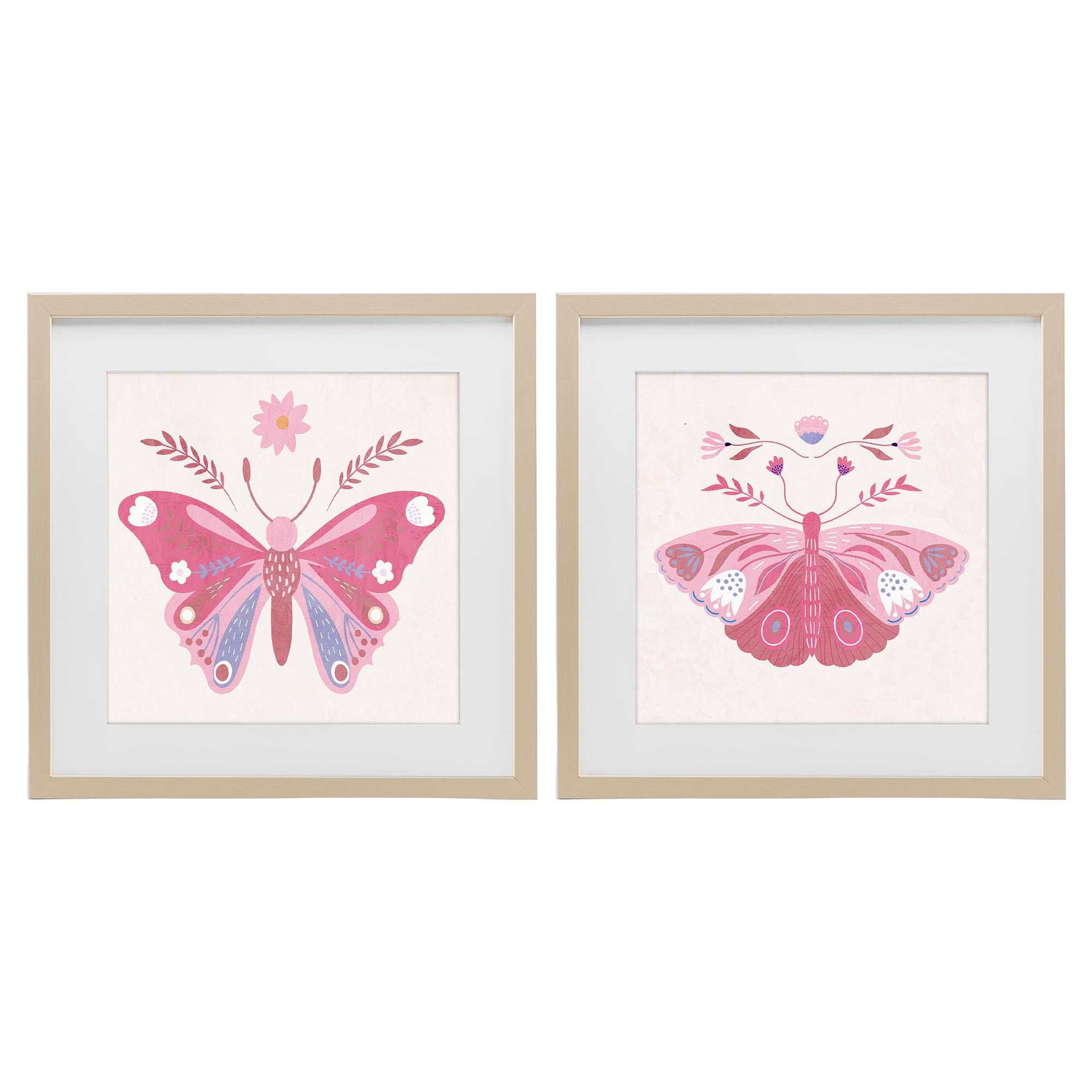 Stupell Industries Pink Folk Butterflies 2 Piece Birch Framed Print Under Glass Set, design by Kim Allen