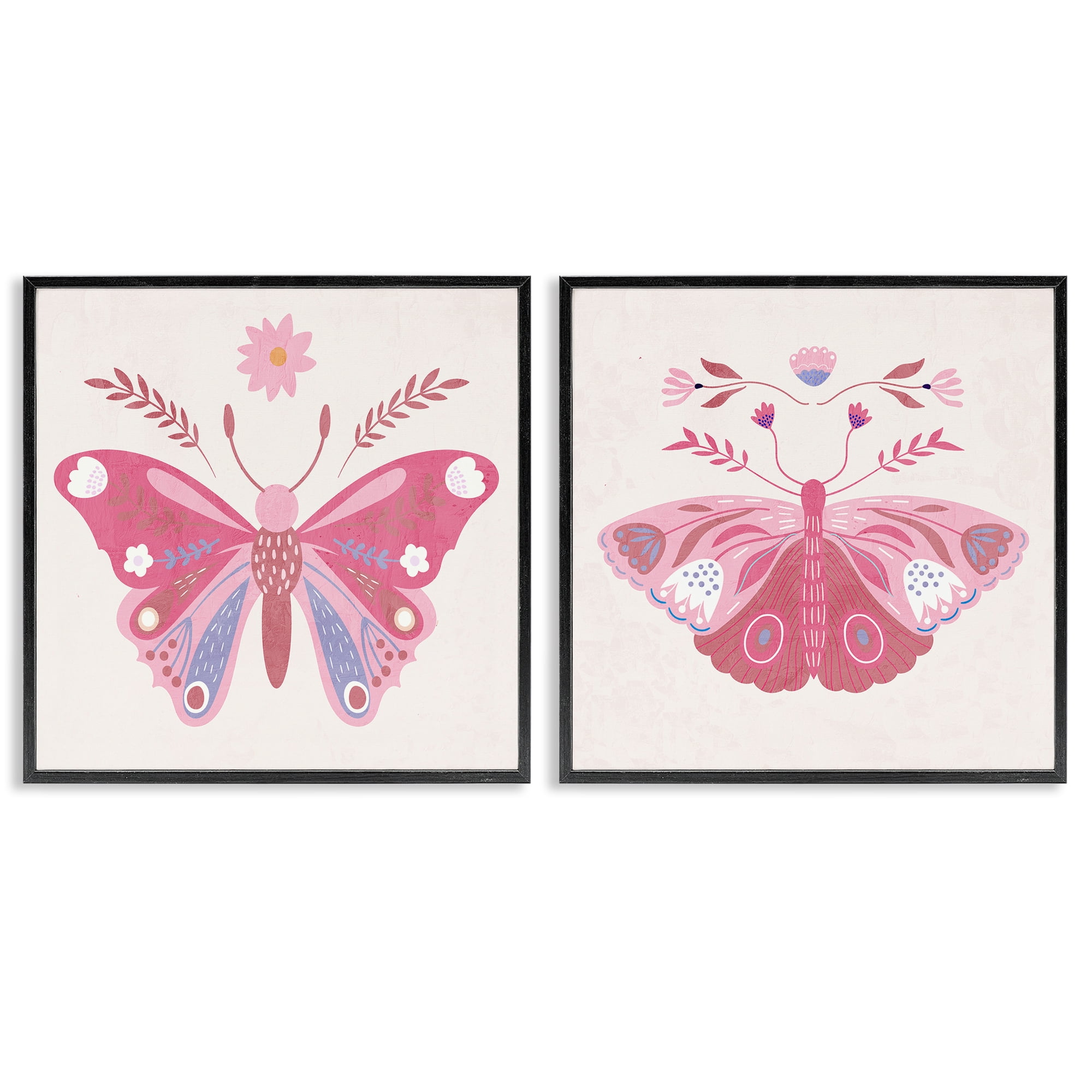 Stupell Industries Pink Folk Butterflies 2 Piece Black Framed Giclee Art Set, design by Kim Allen