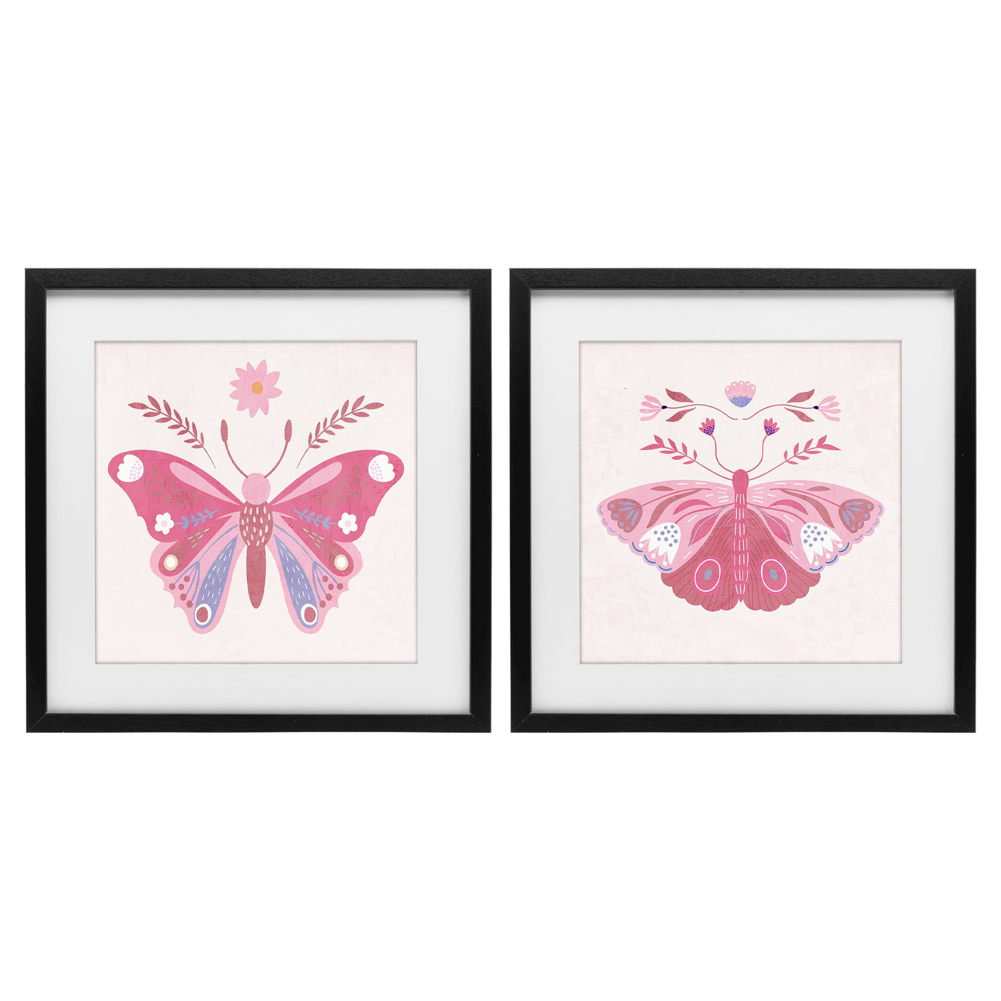 Stupell Industries Pink Folk Butterflies 2 Piece Black Framed Print Under Glass Set, design by Kim Allen