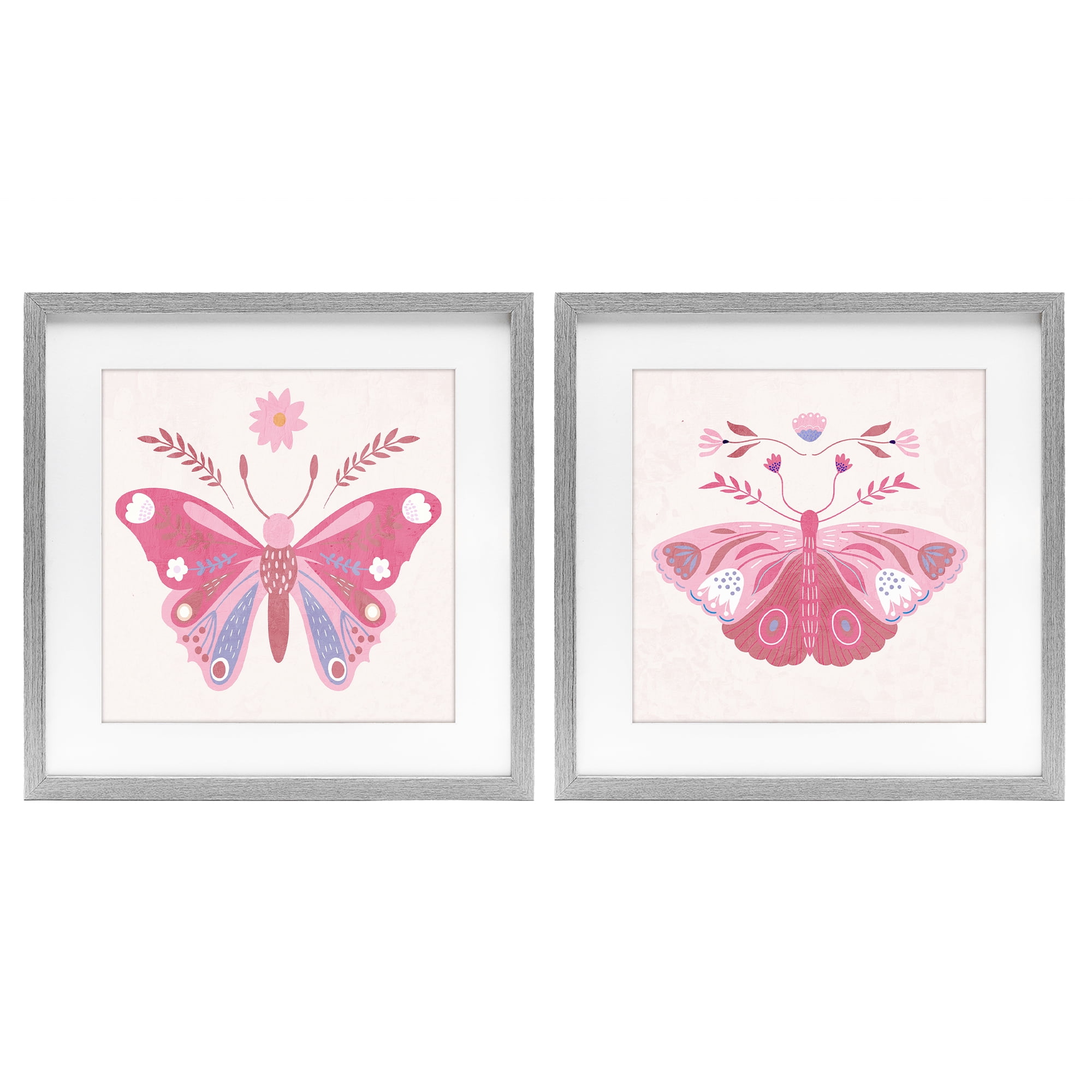 Stupell Industries Pink Folk Butterflies 2 Piece Gray Framed Print Under Glass Set, design by Kim Allen