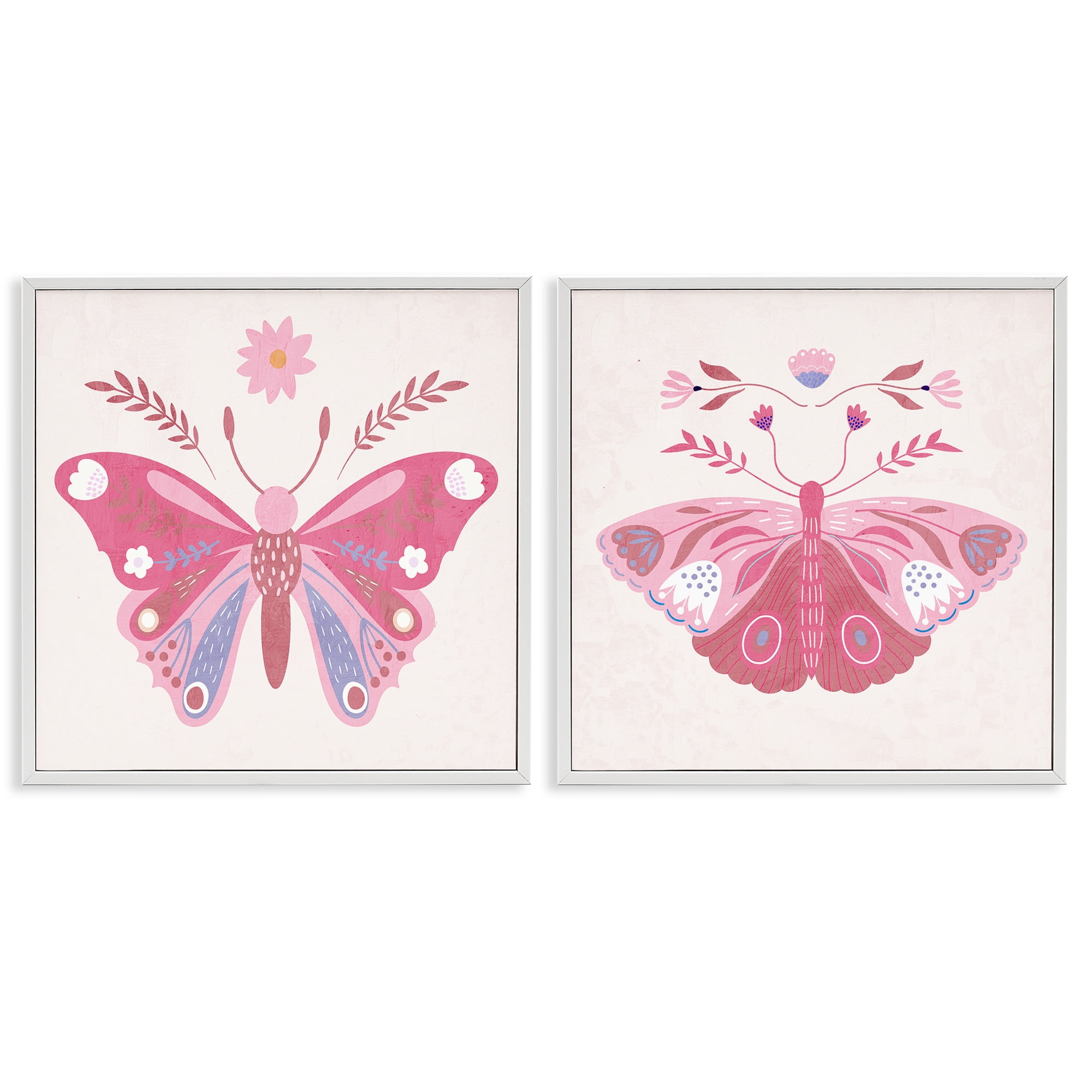 Stupell Industries Pink Folk Butterflies 2 Piece White Framed Giclee Art Set, design by Kim Allen