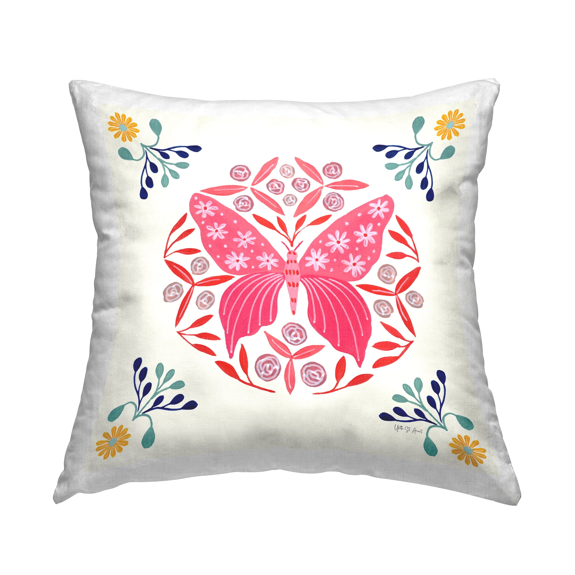 Stupell Industries Pink Folk Butterfly Decorative Printed Throw Pillow Design by Yvette St. Amant.
