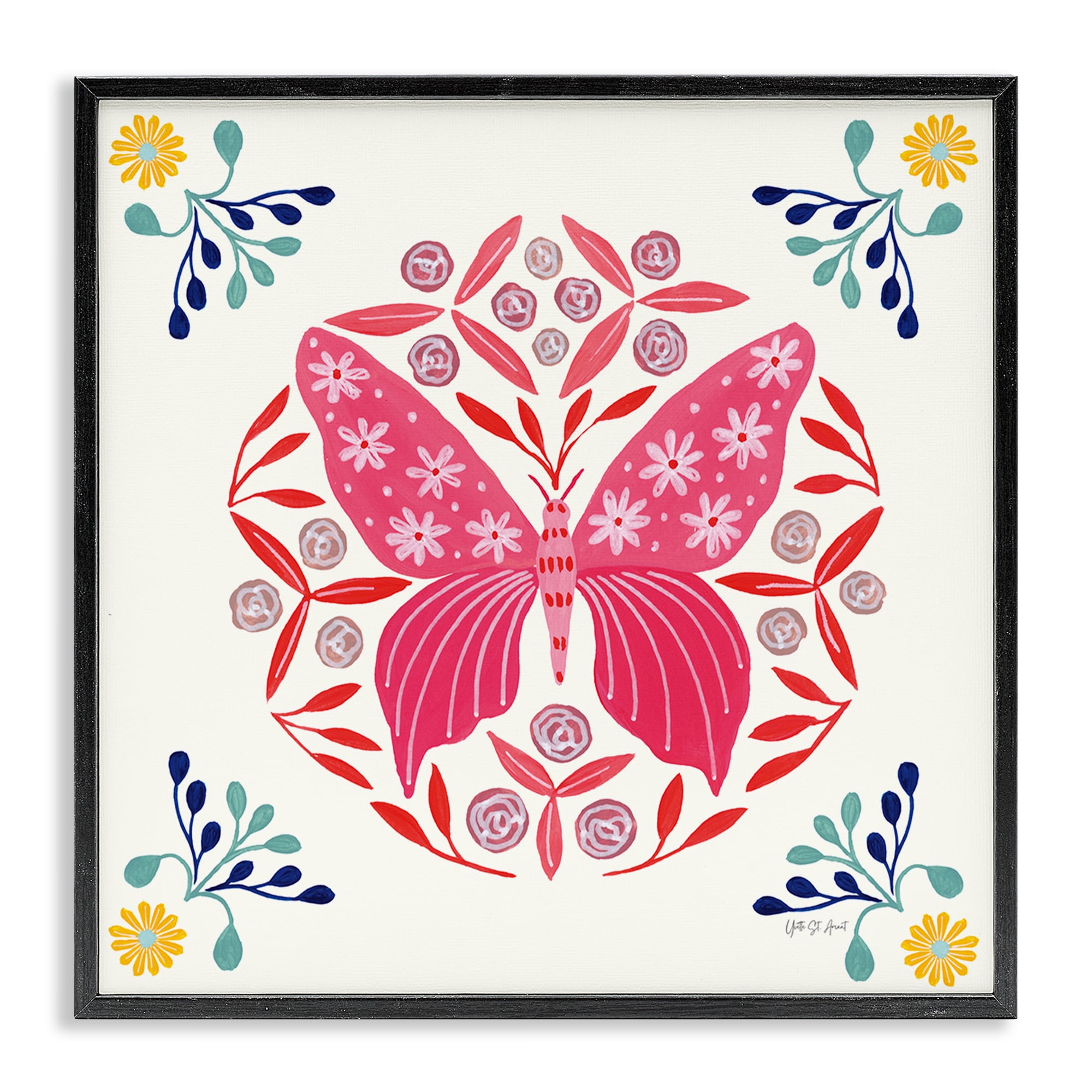 Stupell Industries Pink Folk Butterfly Insects Painting Black Framed Art Print Wall Art, 24 x 24