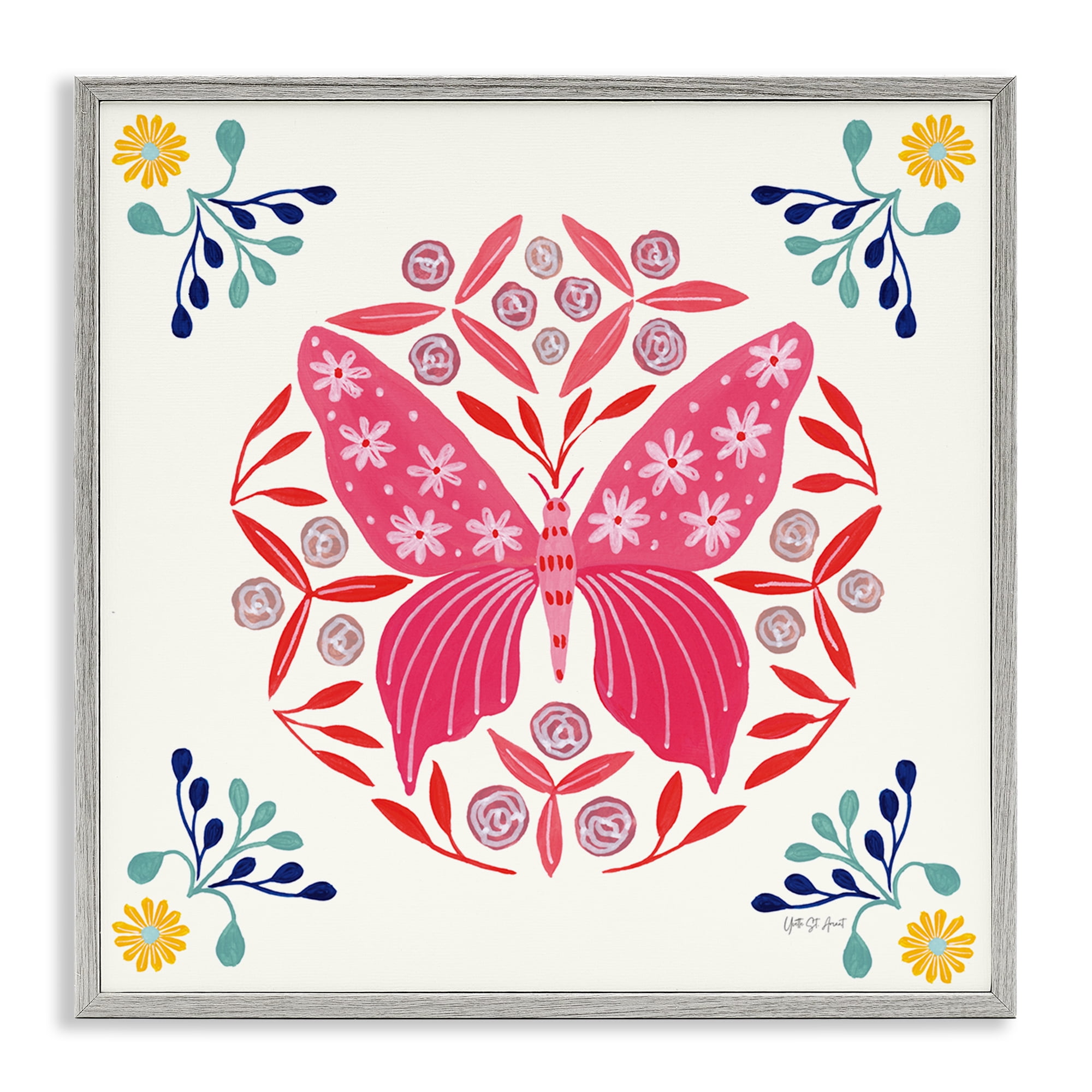 Stupell Industries Pink Folk Butterfly Insects Painting Gray Framed Art Print Wall Art, 24 x 24