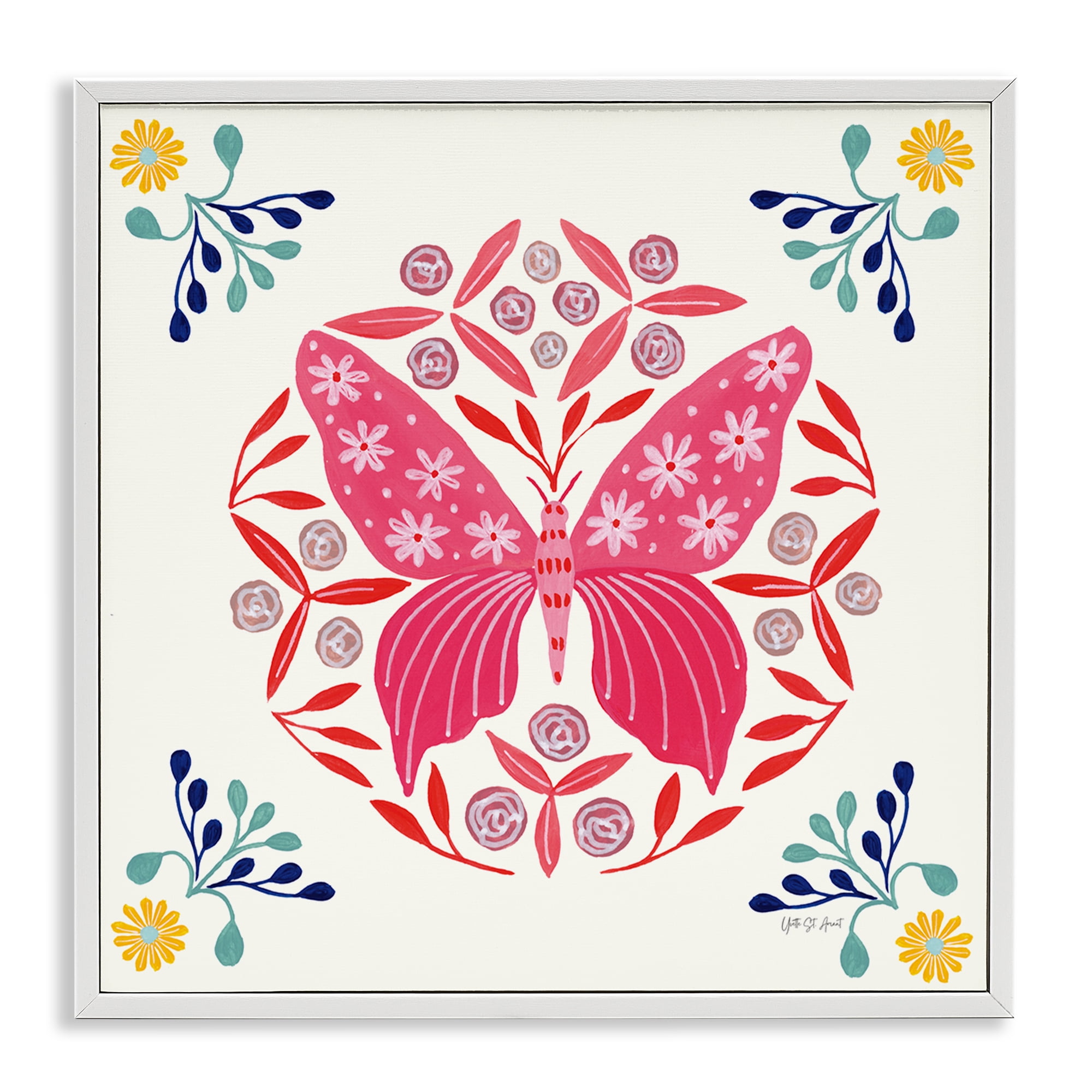 Stupell Industries Pink Folk Butterfly Insects Painting White Framed Art Print Wall Art, 17 x 17