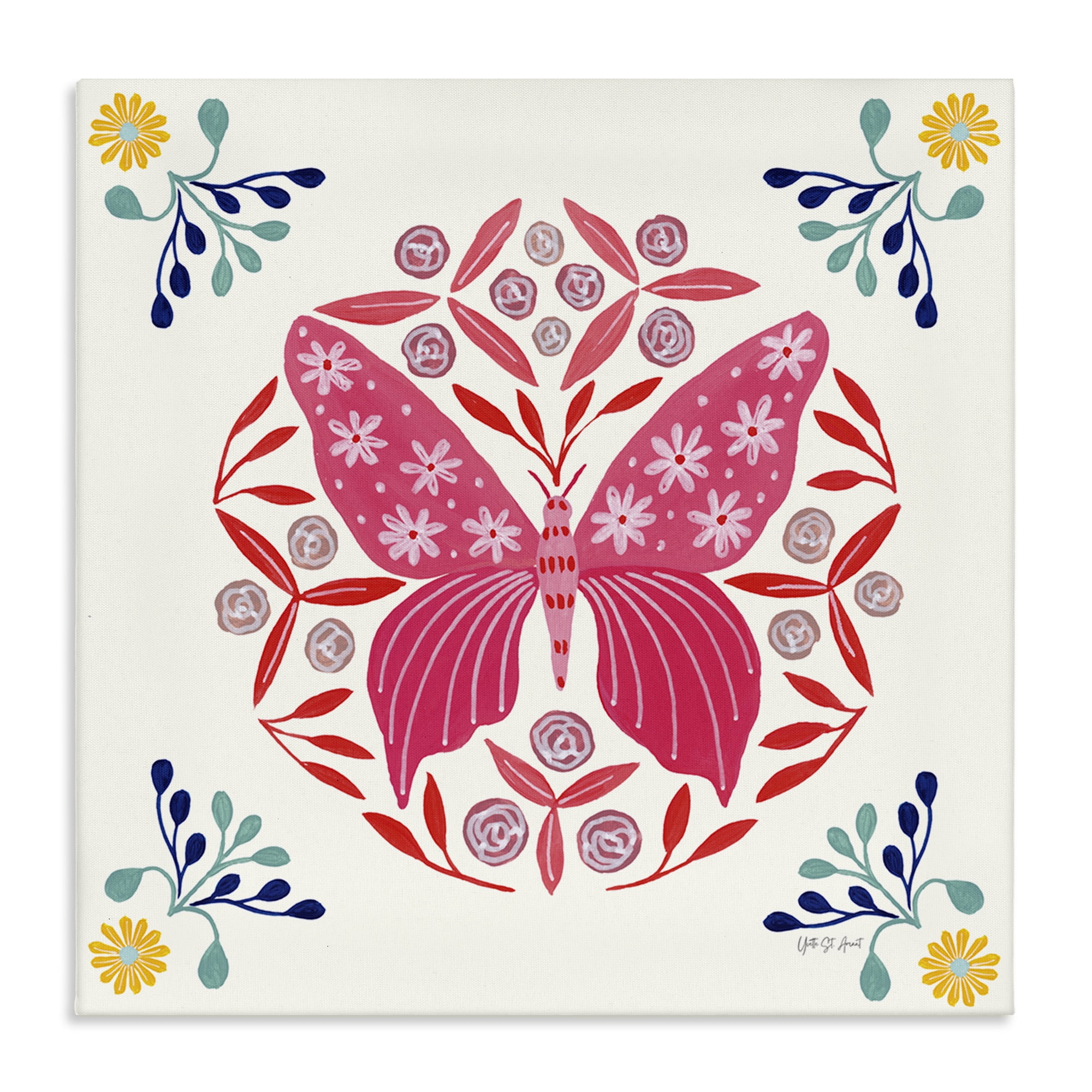 Stupell Industries Pink Folk Butterfly Insects Painting Wrapped Canvas Art Print Wall Art, 24 x 24