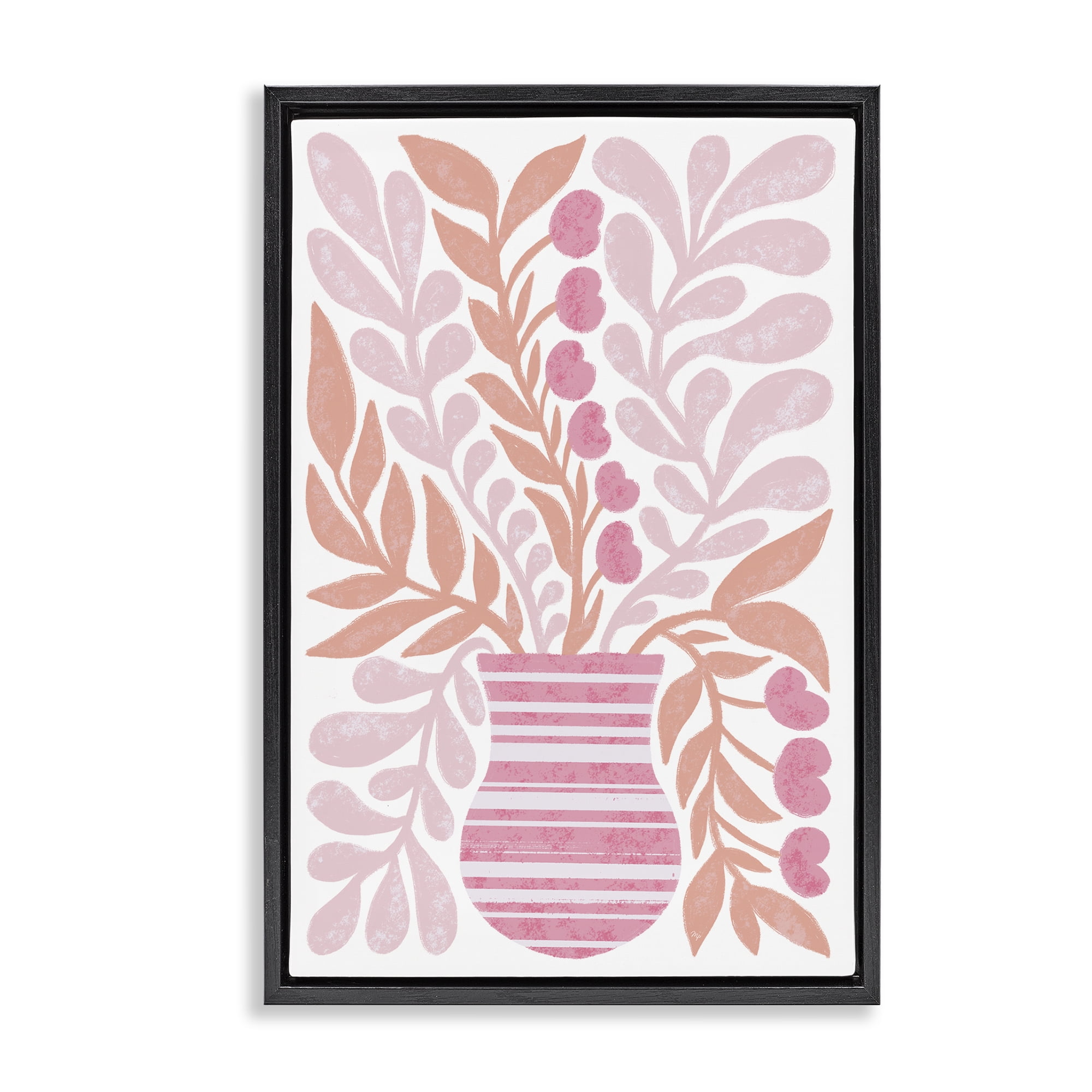 Stupell Industries Pink Fronds Vase Plants & Flowers Painting Black Floater Framed Canvas Art Print Wall Art, 21 x 31
