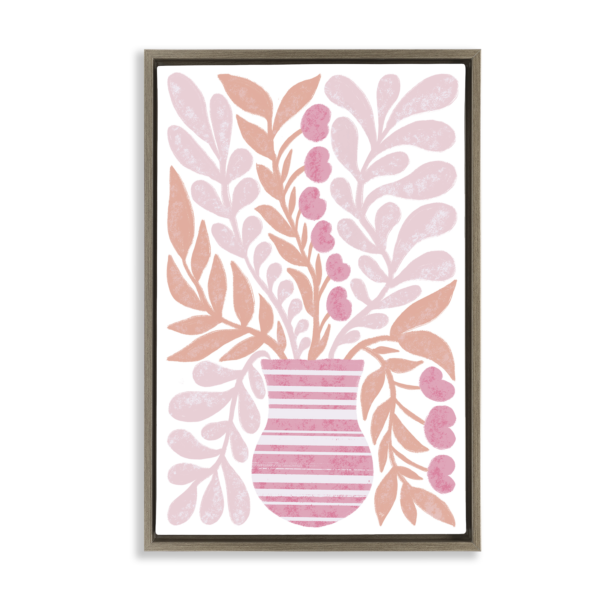 Stupell Industries Pink Fronds Vase Plants & Flowers Painting Brown Floater Framed Canvas Art Print Wall Art, 17 x 25