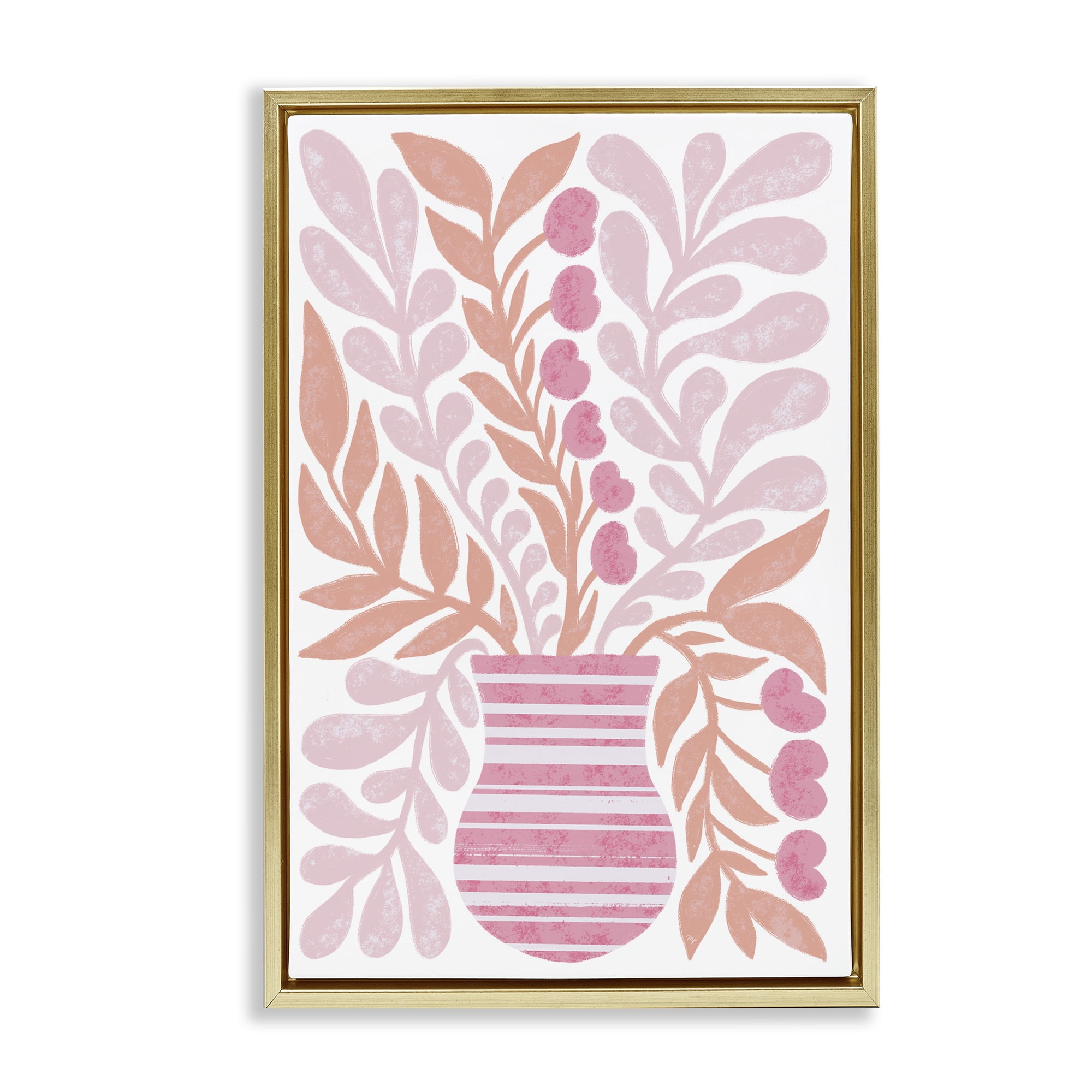 Stupell Industries Pink Fronds Vase Plants & Flowers Painting Gold Floater Framed Canvas Art Print Wall Art, 21 x 31