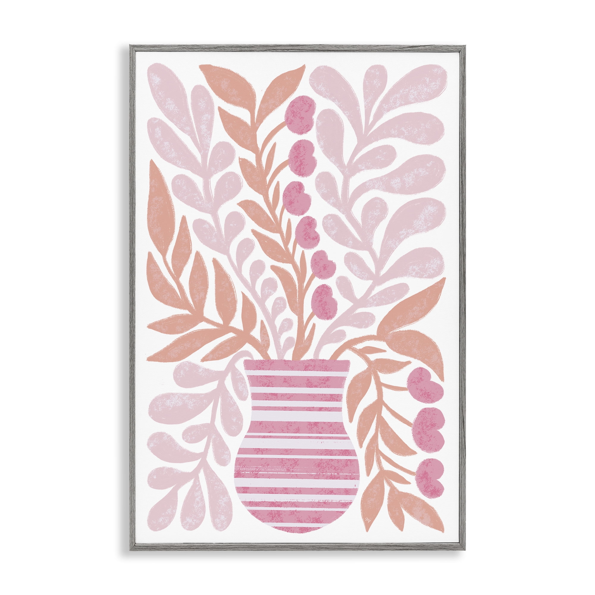Stupell Industries Pink Fronds Vase Plants & Flowers Painting Gray Framed Art Print Wall Art, 16 x 24