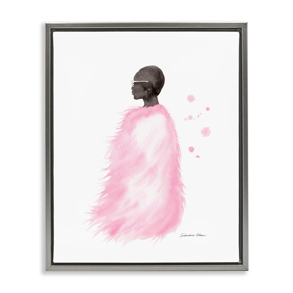 Stupell Industries Pink Fur Coat Portrait Gray Framed Floater Canvas Wall Art, design by Simone Elum