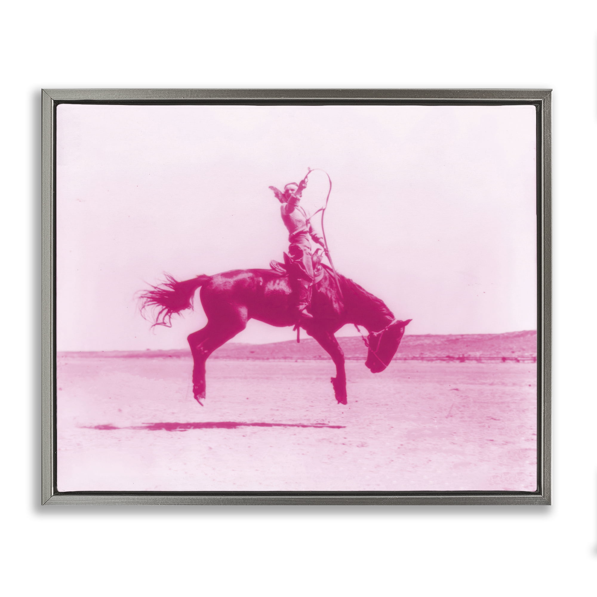 Stupell Industries Pink Galloping Cowgirl Animals Painting Gray Floater Framed Canvas Art Print Wall Art, 21 x 17