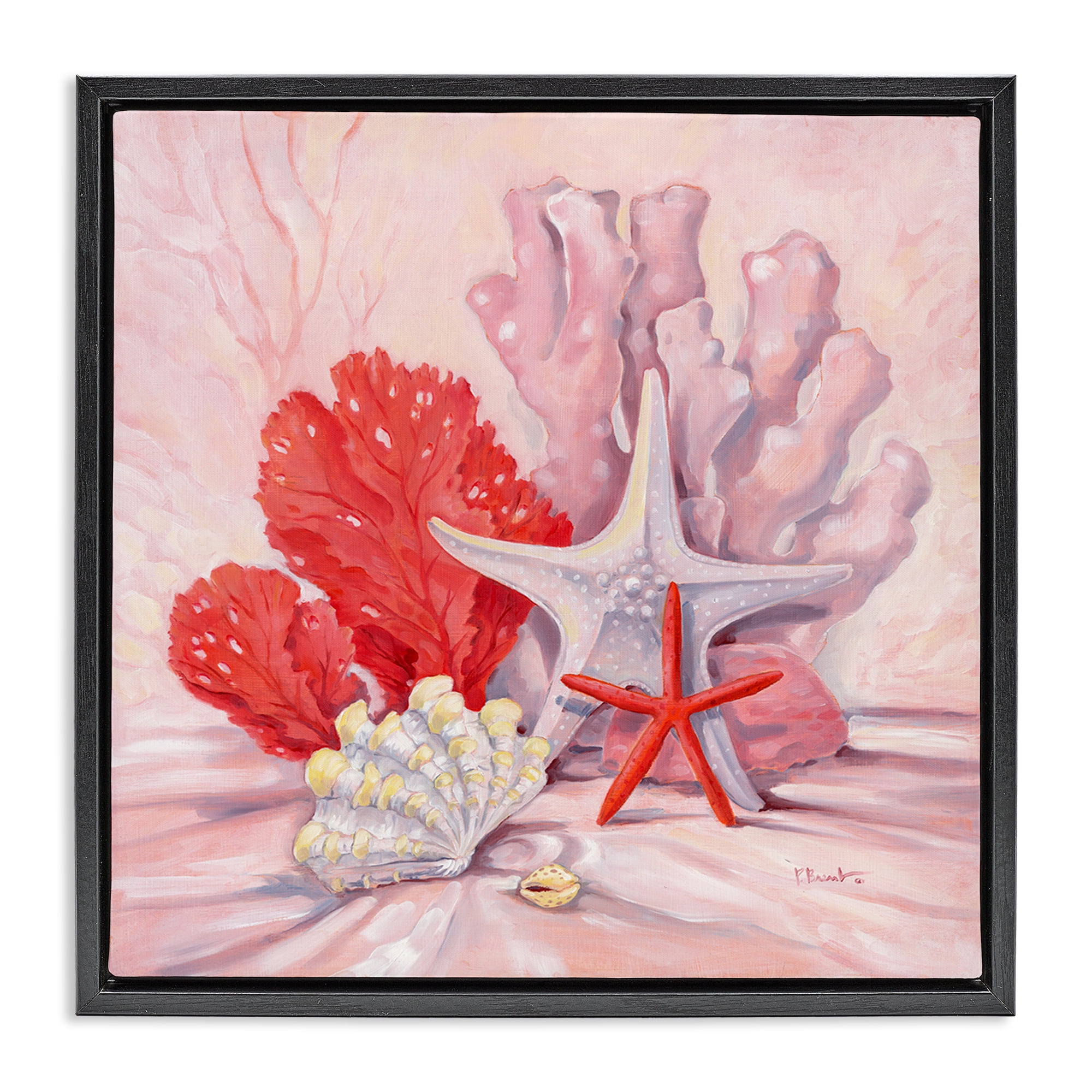Stupell Industries Pink Gathered Sea Life Animals & Insects Painting Black Floater Framed Canvas Art Print Wall Art, 18 x 18