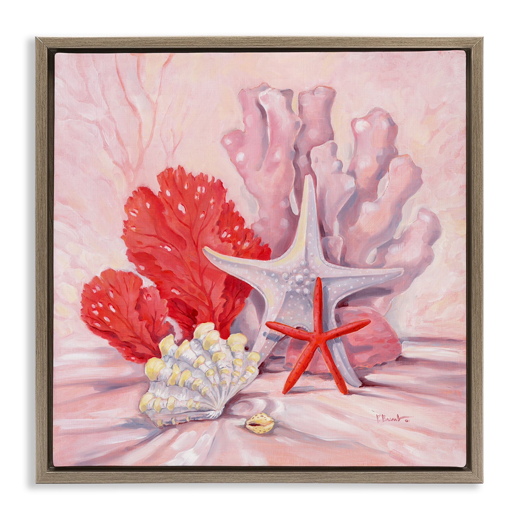 Stupell Industries Pink Gathered Sea Life Animals & Insects Painting Brown Floater Framed Canvas Art Print Wall Art, 18 x 18