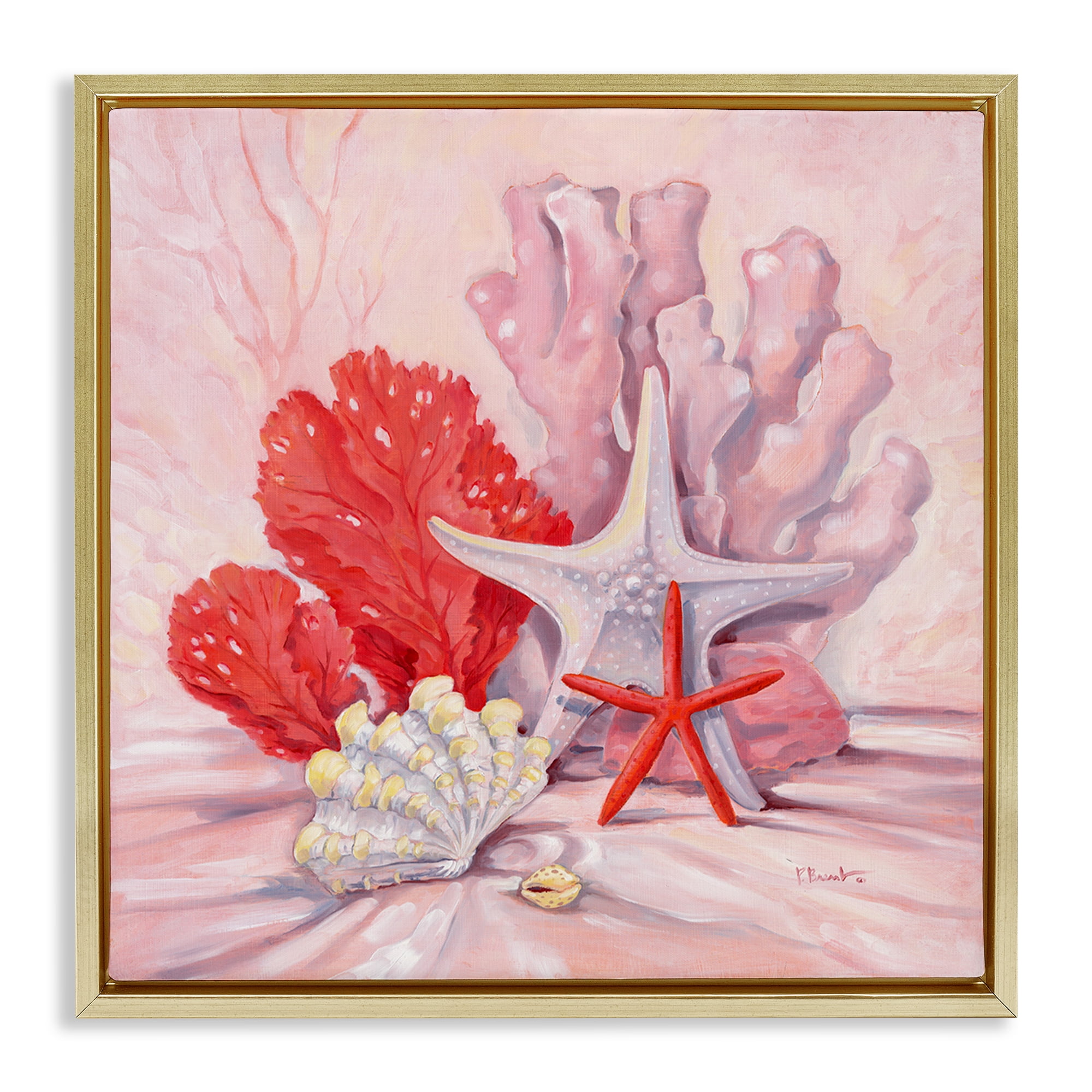 Stupell Industries Pink Gathered Sea Life Animals & Insects Painting Gold Floater Framed Canvas Art Print Wall Art, 25 x 25