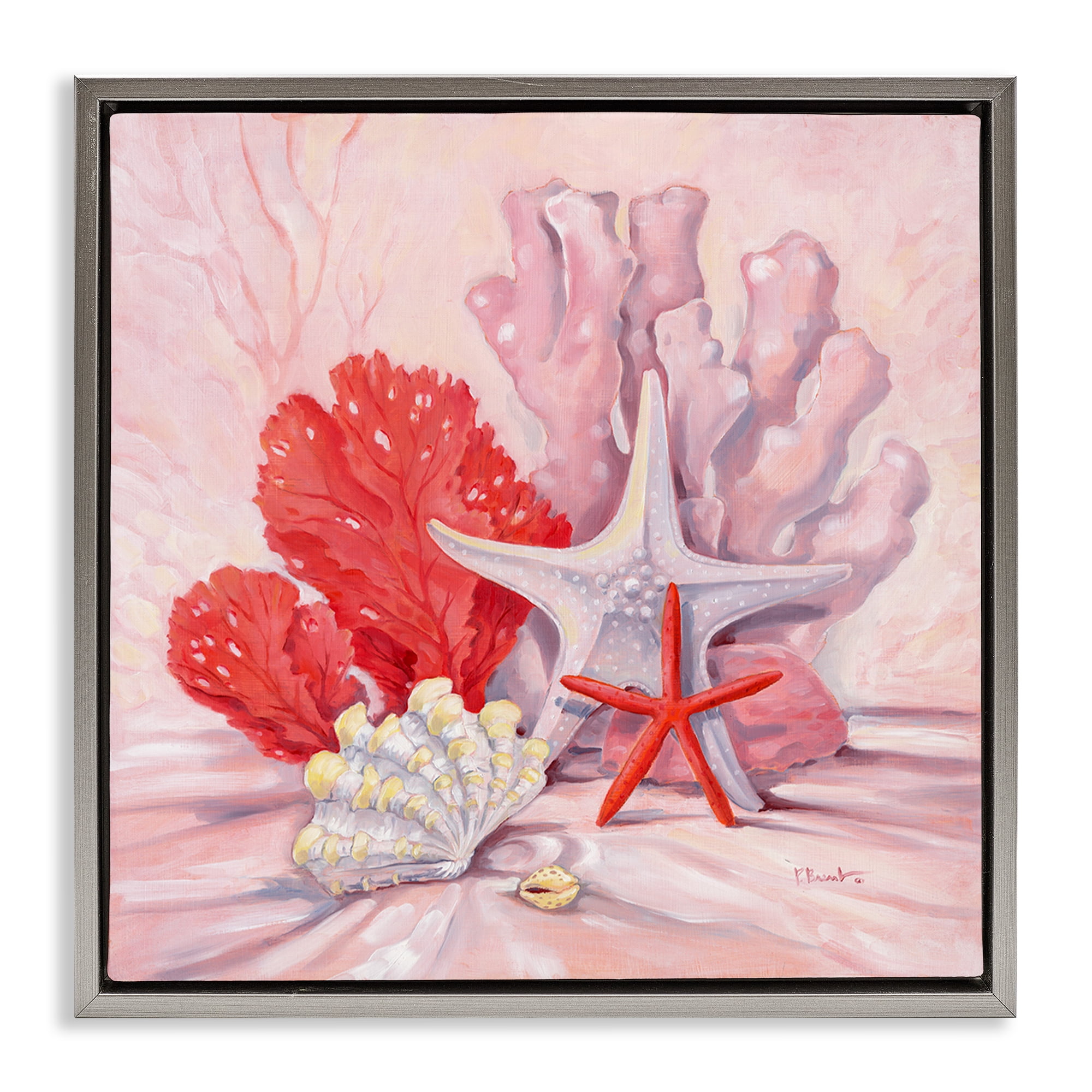 Stupell Industries Pink Gathered Sea Life Animals & Insects Painting Gray Floater Framed Canvas Art Print Wall Art, 18 x 18
