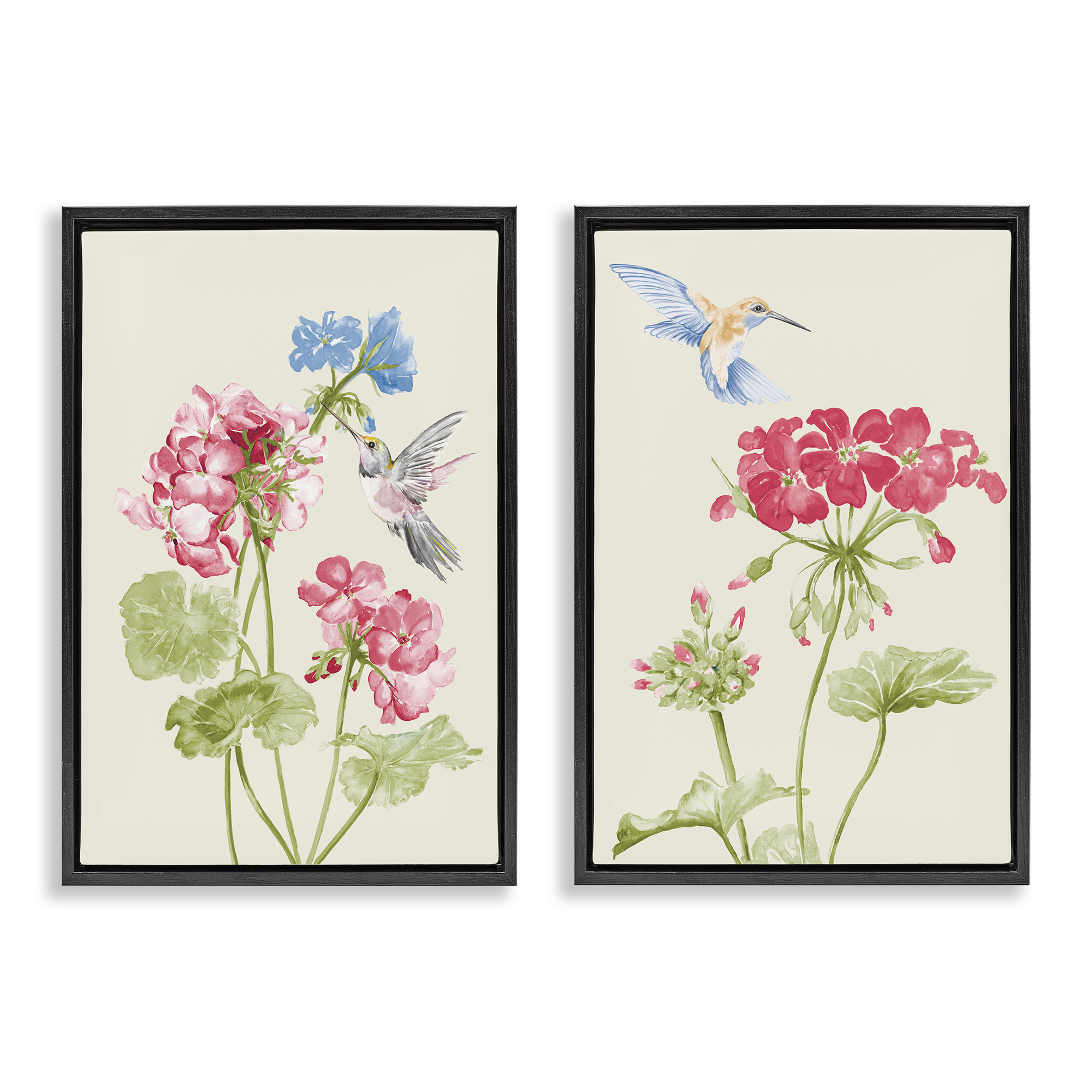 Stupell Industries Pink Geranium Hummingbirds Plants & Flowers Painting Black Floater Framed Canvas Art Print Wall Art, 17 x 25, Set of 2