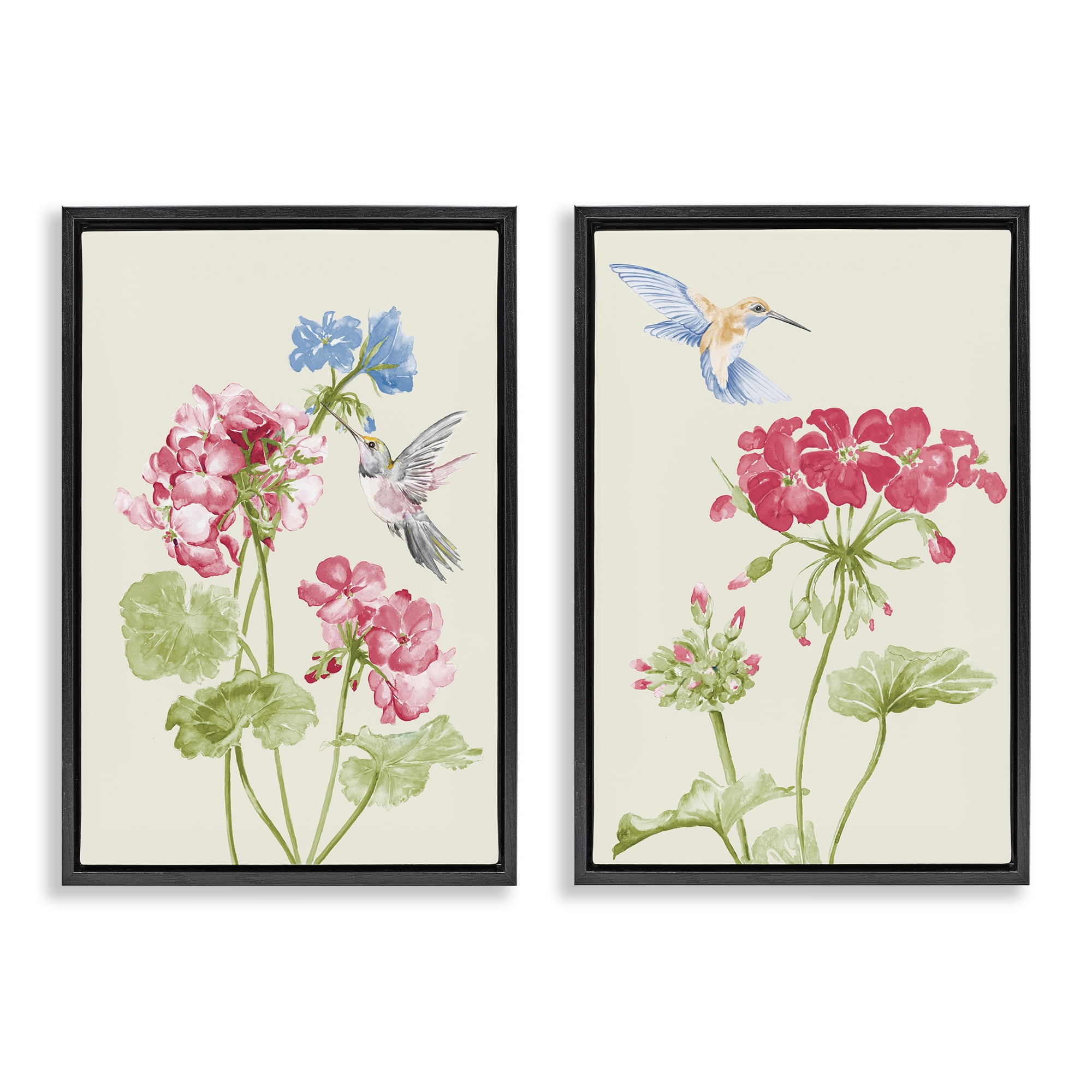 Stupell Industries Pink Geranium Hummingbirds Plants & Flowers Painting Black Floater Framed Canvas Art Print Wall Art, 21 x 31, Set of 2