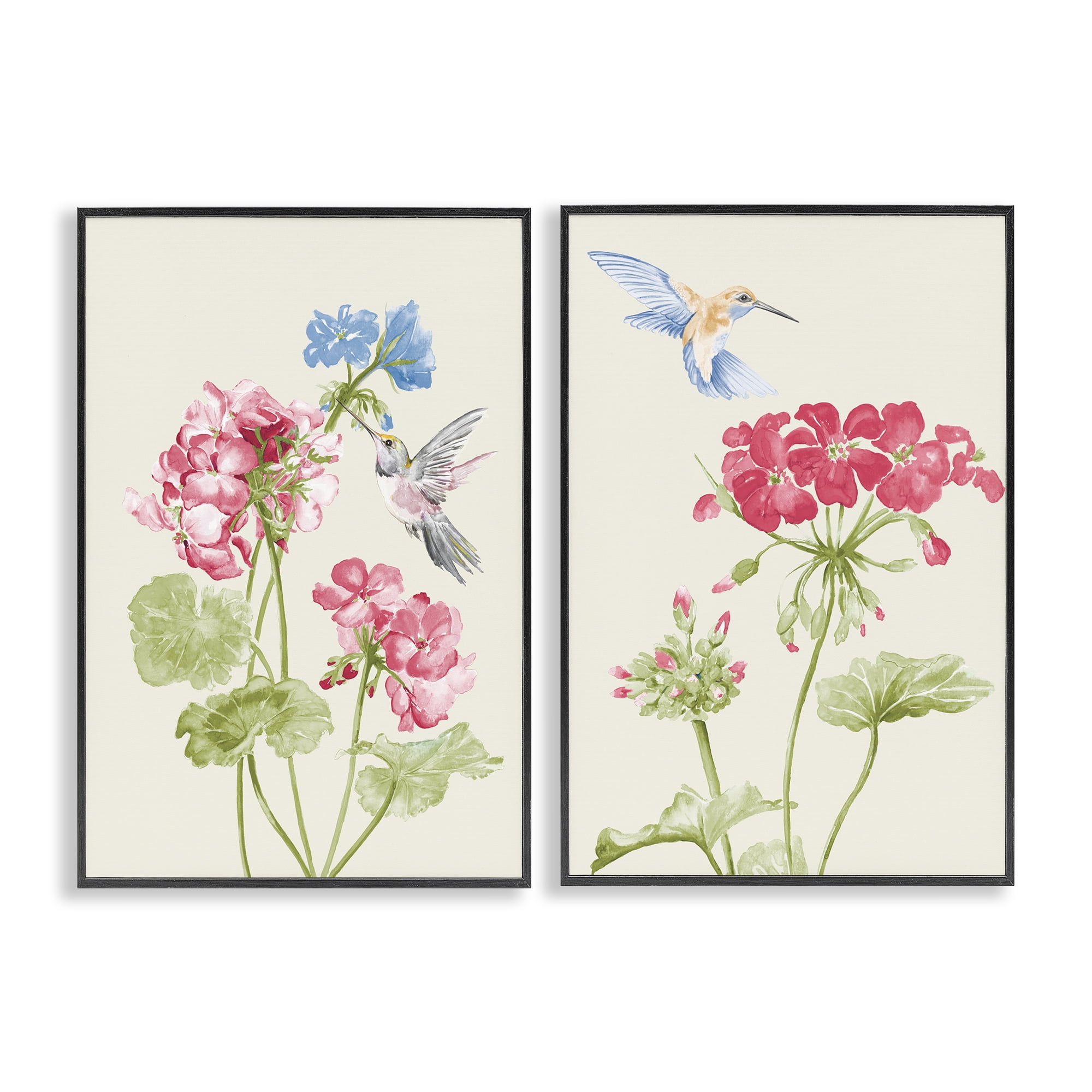 Stupell Industries Pink Geranium Hummingbirds Plants & Flowers Painting Black Framed Art Print Wall Art, 20 x 30, Set of 2