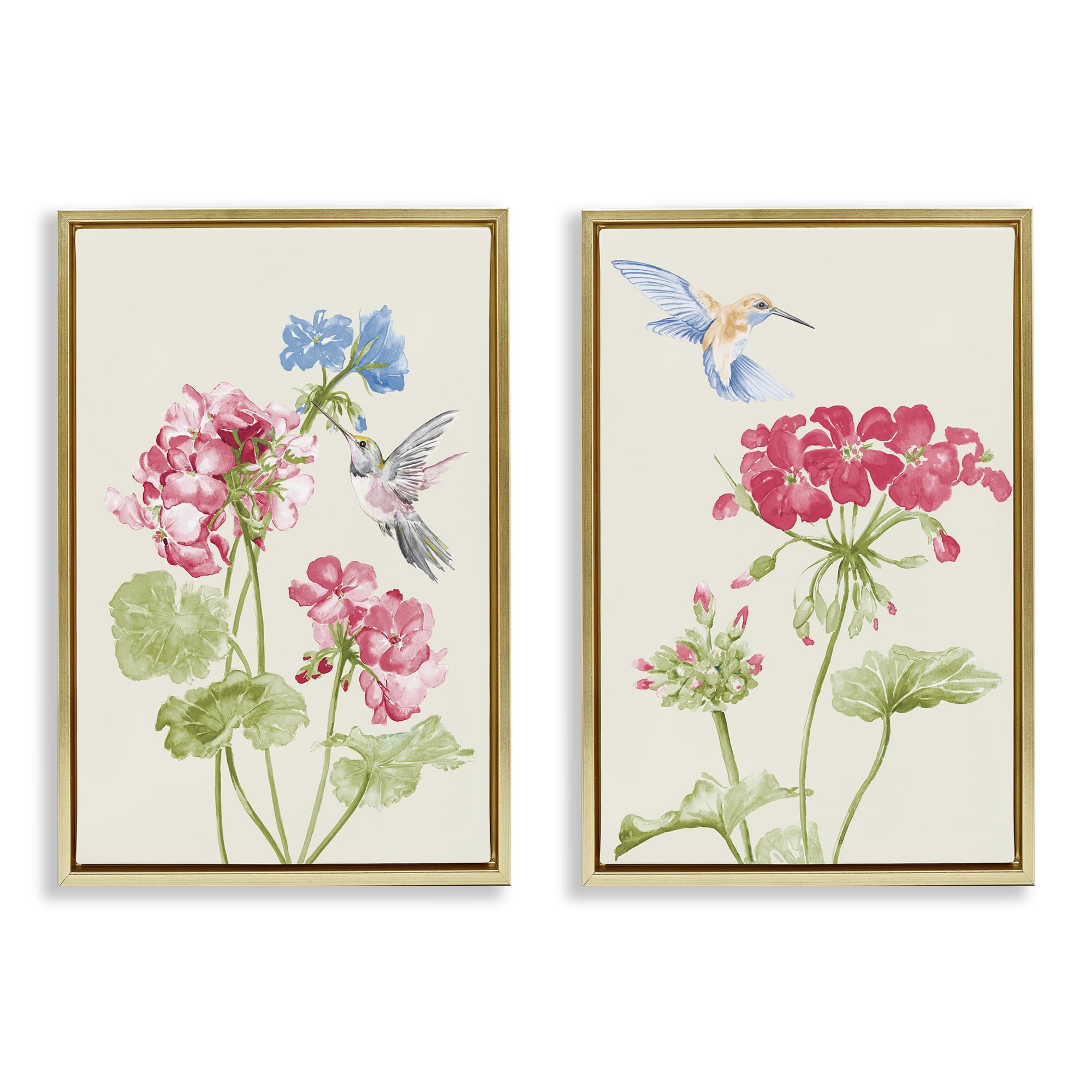Stupell Industries Pink Geranium Hummingbirds Plants & Flowers Painting Gold Floater Framed Canvas Art Print Wall Art, 17 x 25, Set of 2