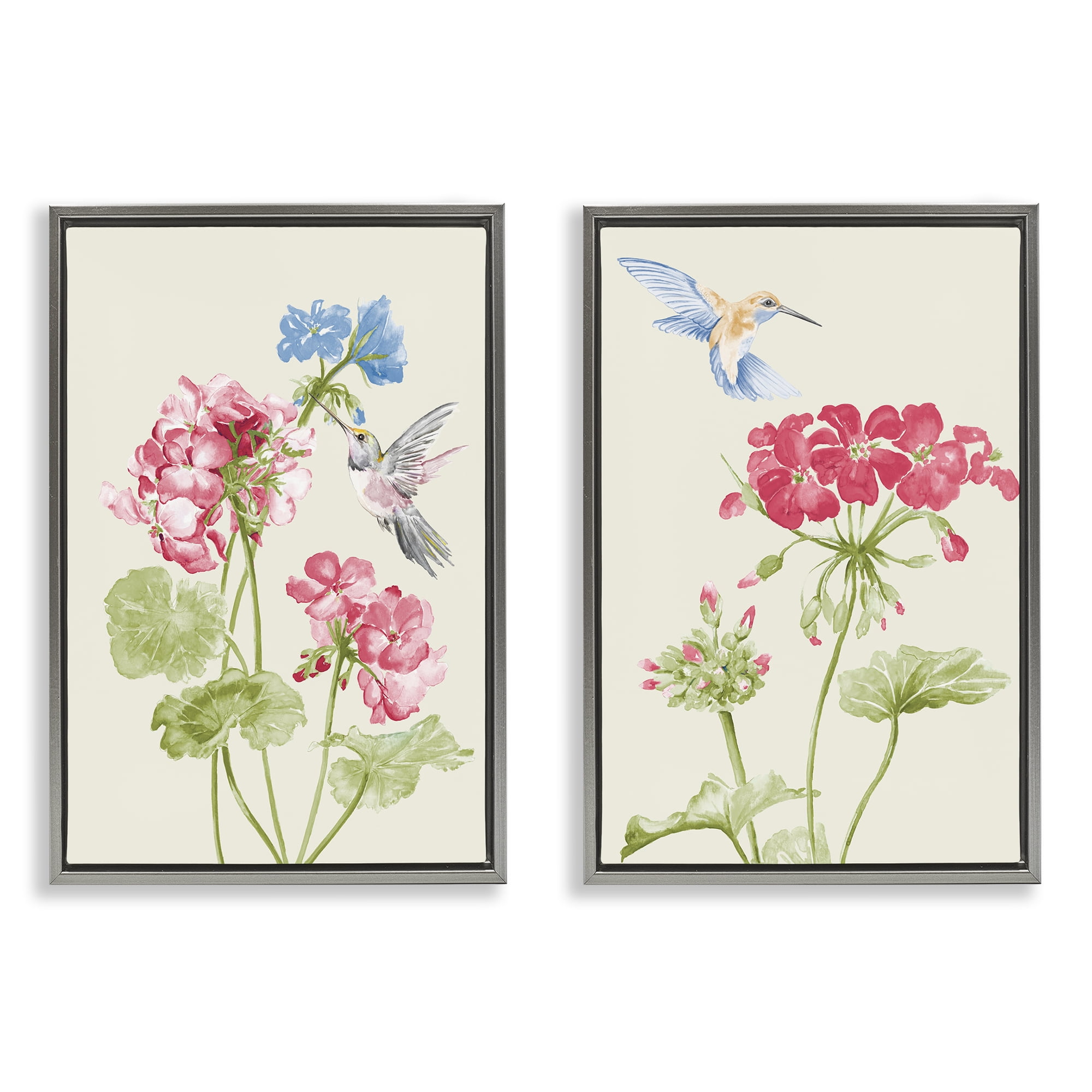 Stupell Industries Pink Geranium Hummingbirds Plants & Flowers Painting Gray Floater Framed Canvas Art Print Wall Art, 17 x 25, Set of 2
