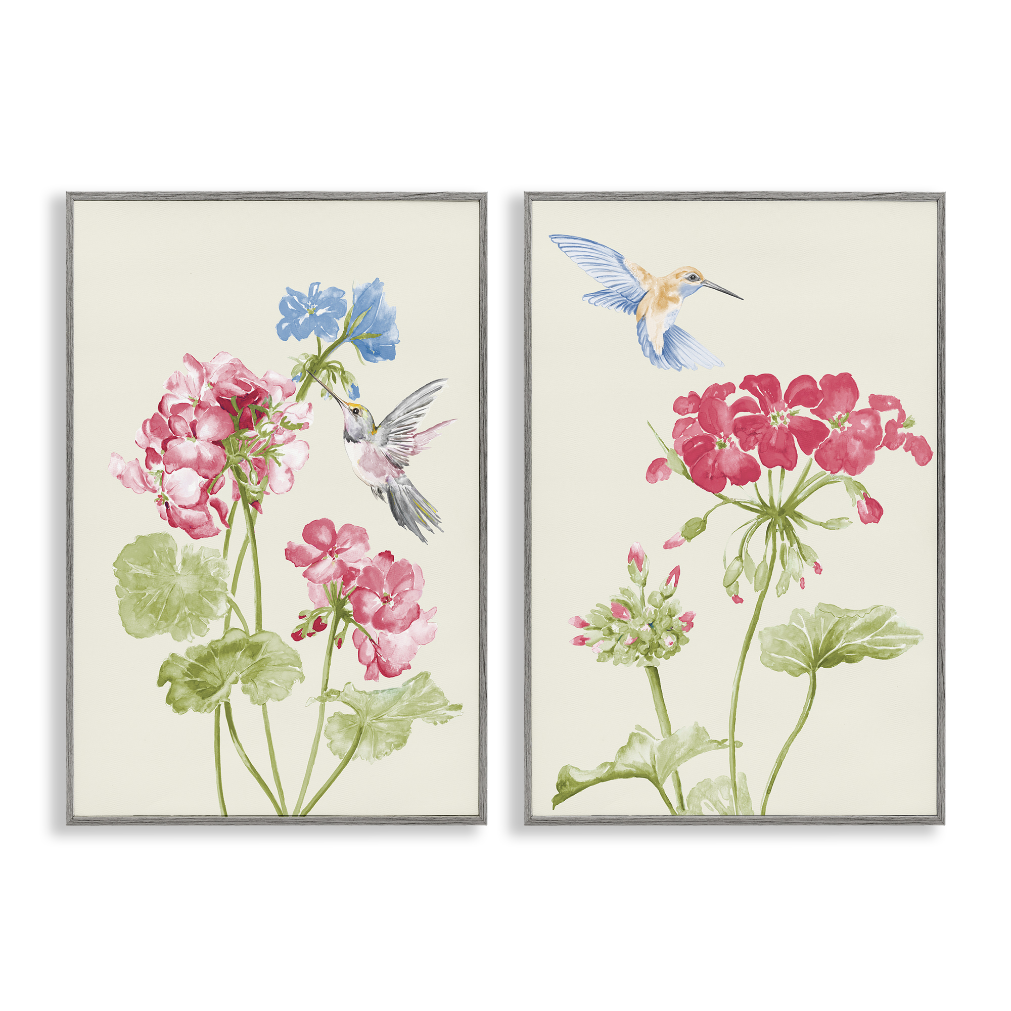 Stupell Industries Pink Geranium Hummingbirds Plants & Flowers Painting Gray Framed Art Print Wall Art, 20 x 30, Set of 2