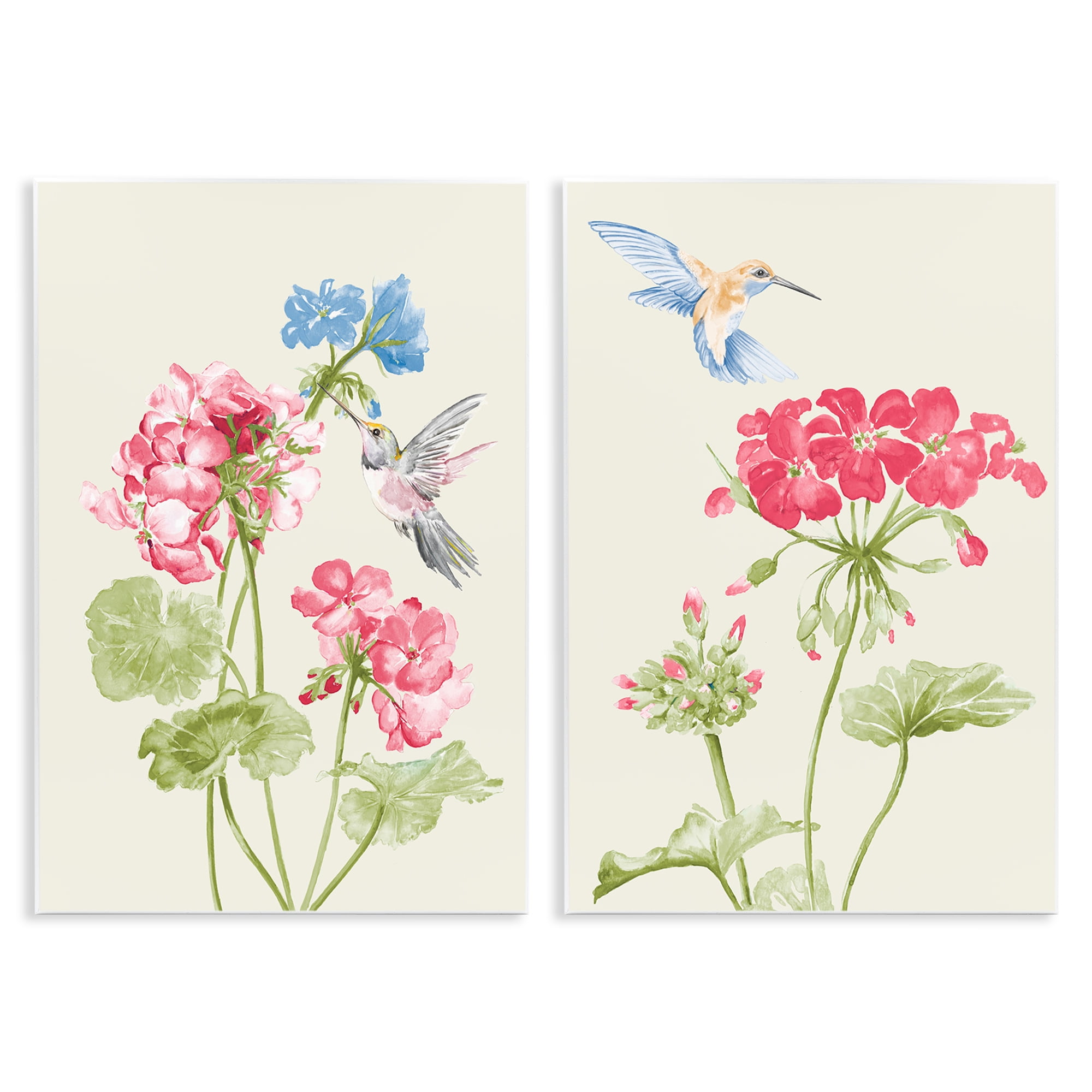 Stupell Industries Pink Geranium Hummingbirds Plants & Flowers Painting Unframed Art Print Wall Art, 13 x 19, Set of 2