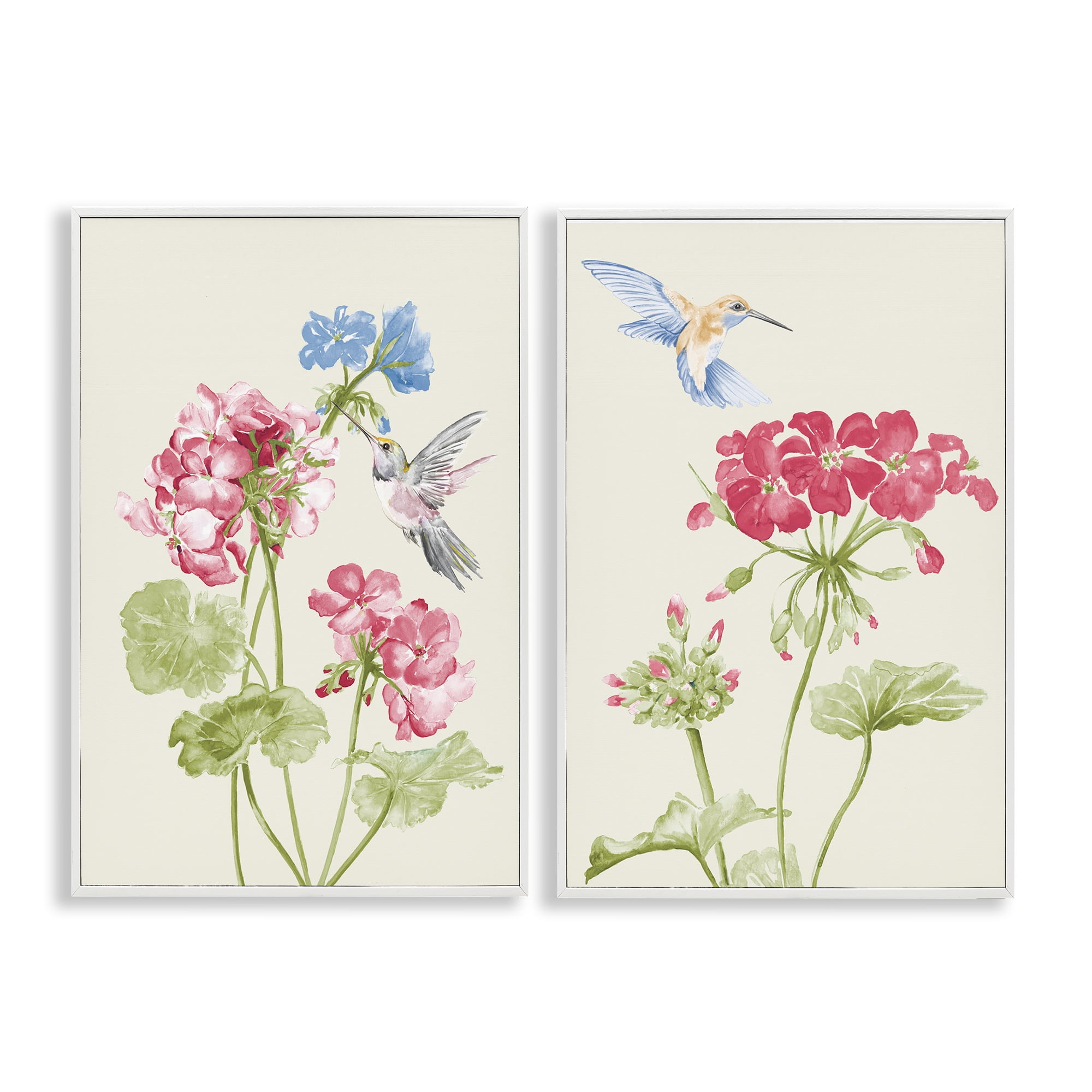 Stupell Industries Pink Geranium Hummingbirds Plants & Flowers Painting White Framed Art Print Wall Art, 12 x 18, Set of 2