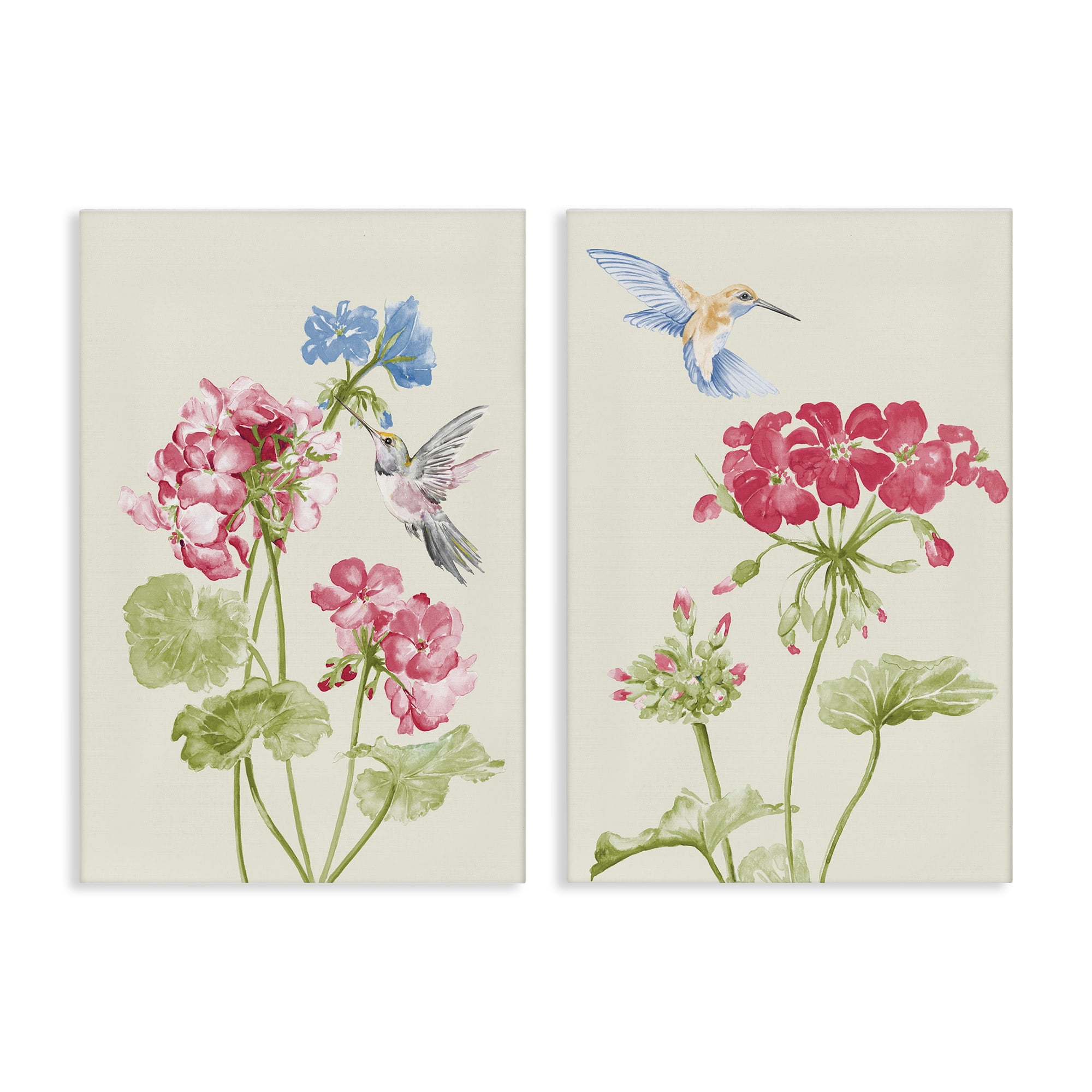 Stupell Industries Pink Geranium Hummingbirds Plants & Flowers Painting Wrapped Canvas Art Print Wall Art, 24 x 36, Set of 2