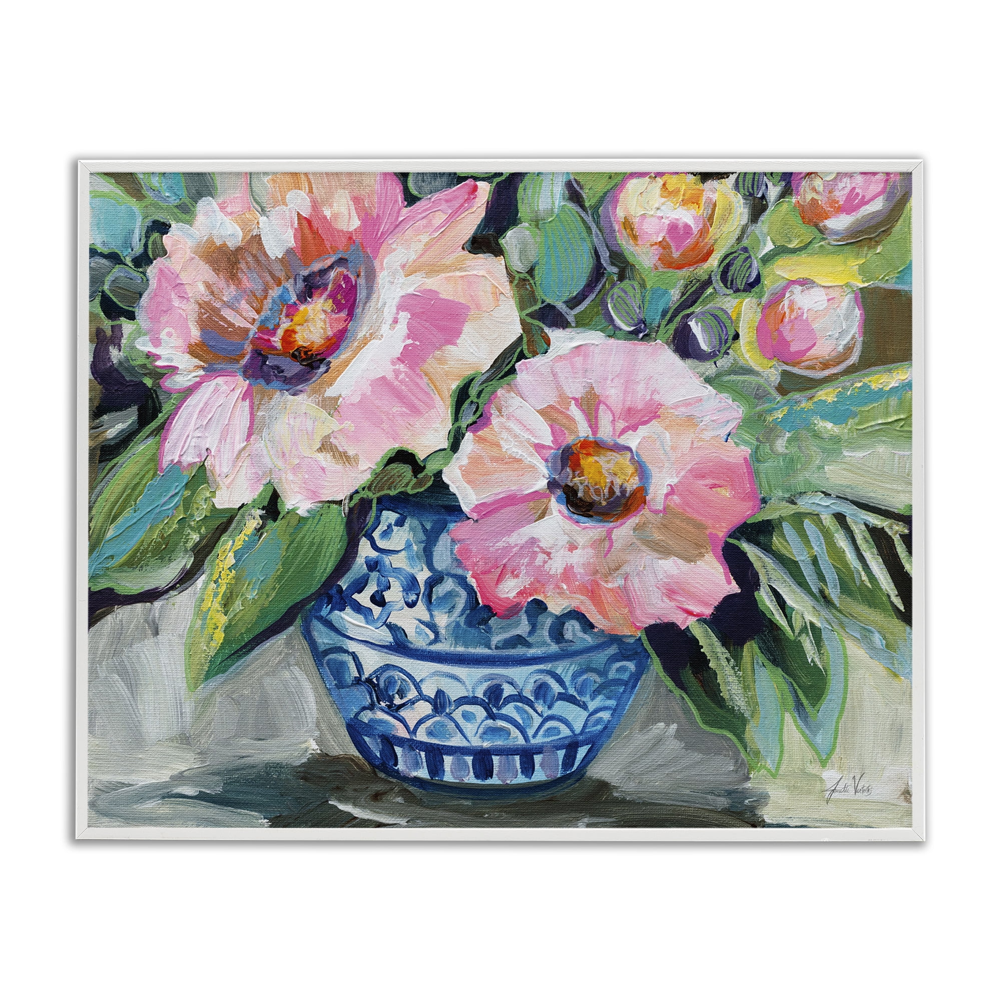 Stupell Industries Pink Gerber Daisy Bouquet Plants & Flowers Painting White Framed Art Print Wall Art, 20 x 16