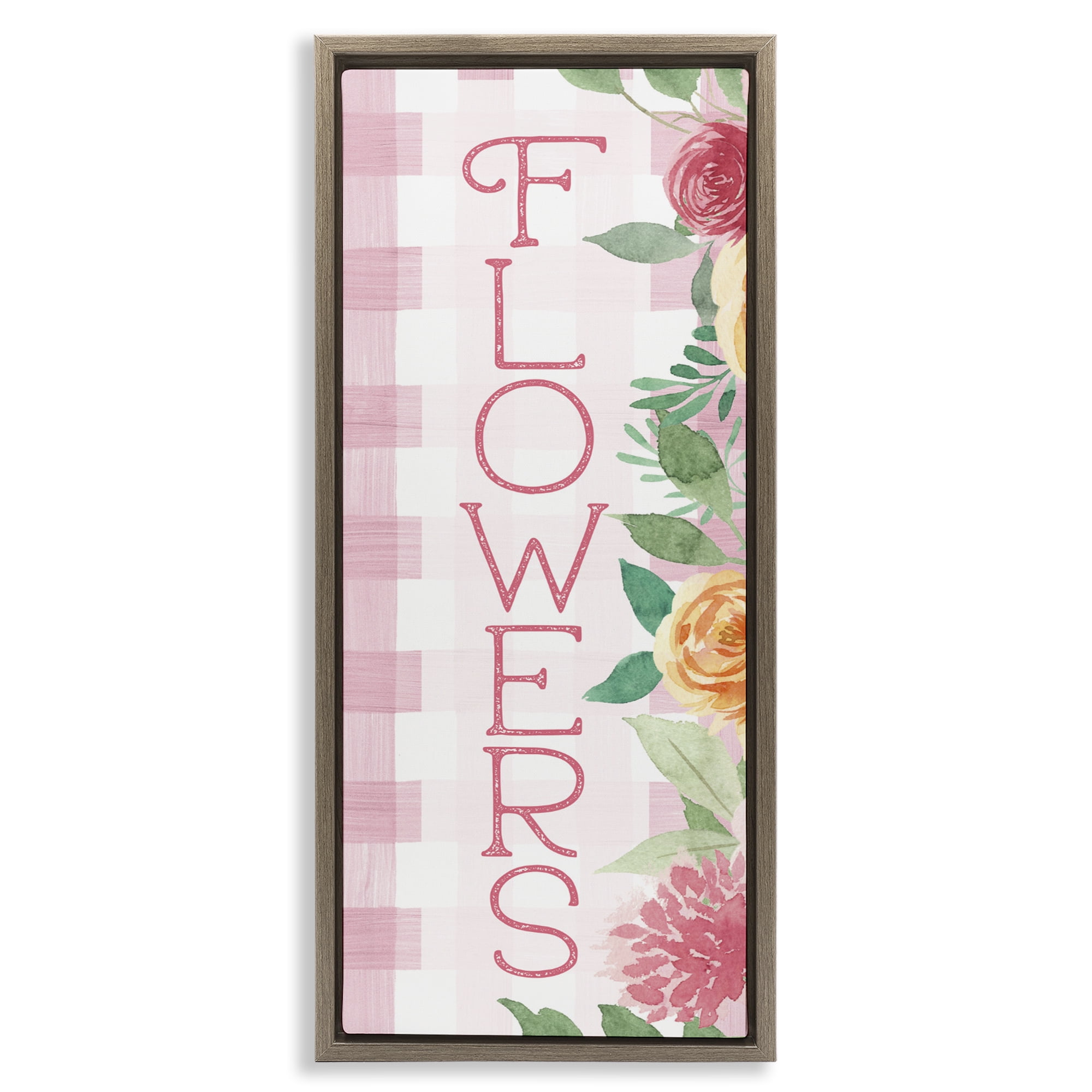 Stupell Industries Pink Gingham & Flowers Brown Framed Floater Canvas Wall Art, design by Lux + Me Designs
